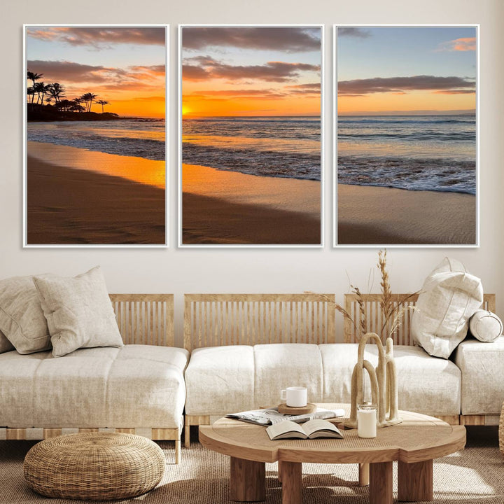 Sunset Wall Art Print featuring a beach sunset with waves and palms, perfect for coastal decor.