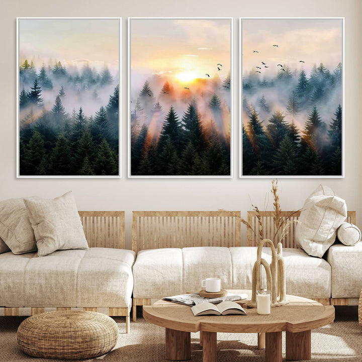 Sunrise over a misty forest with rays filtering through trees in the Abstract Forest Wall Art featuring soaring birds.