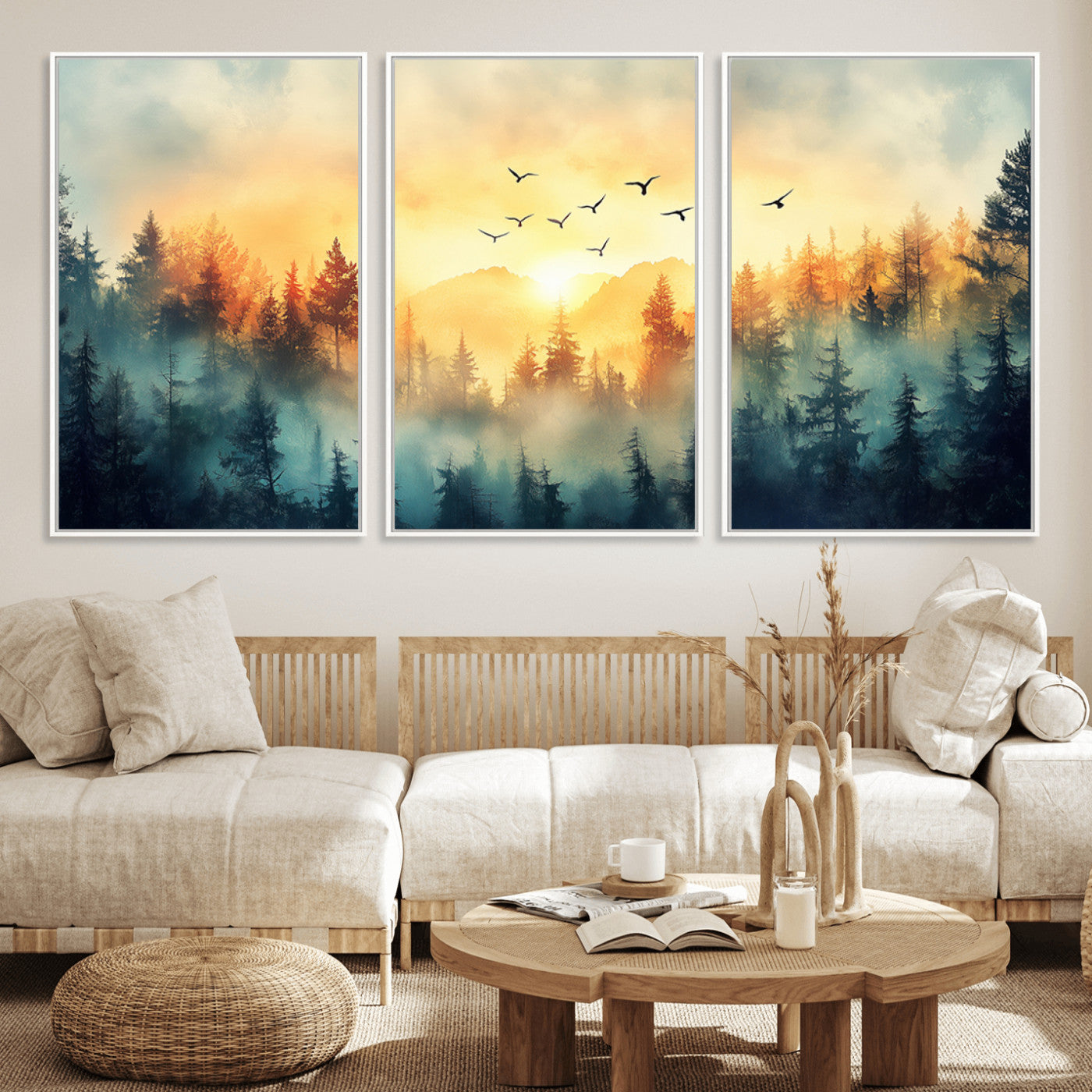 MGV-FC-60X30-3P - Abstract Forest Wall Art Print- Serene Nature Canvas Print with Misty Forest Design for Modern Home