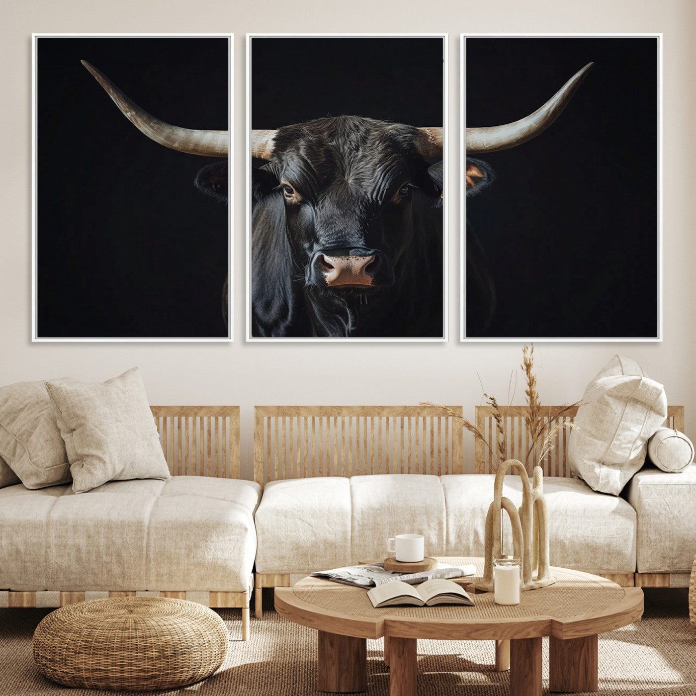Canvas of a black longhorn bull against a dark background, featuring moody tones and western character for rustic or cowboy-inspired spaces.