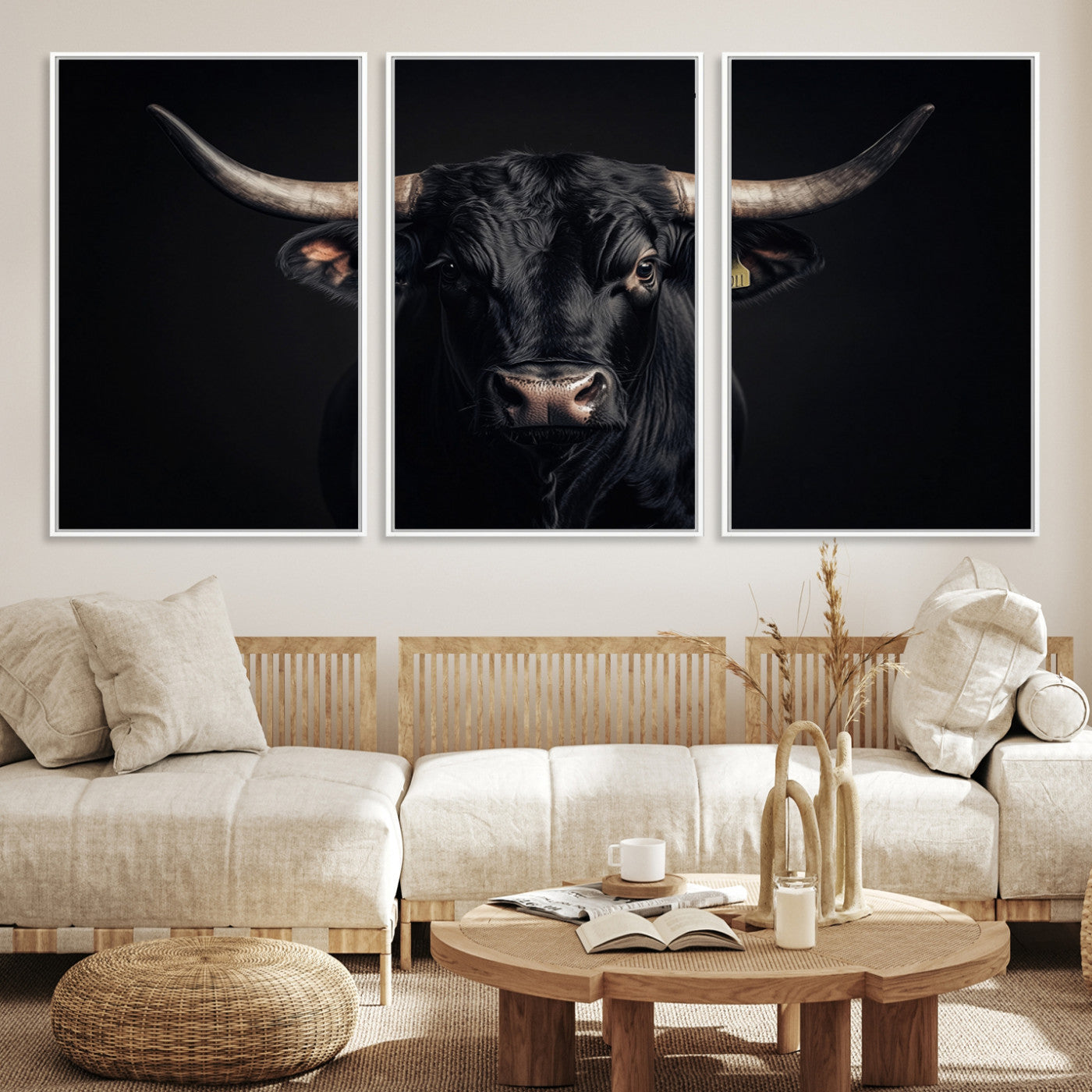 Canvas featuring a black horned bull in moody lighting on a dark background, perfect for western or rustic farmhouse-style home decor.
