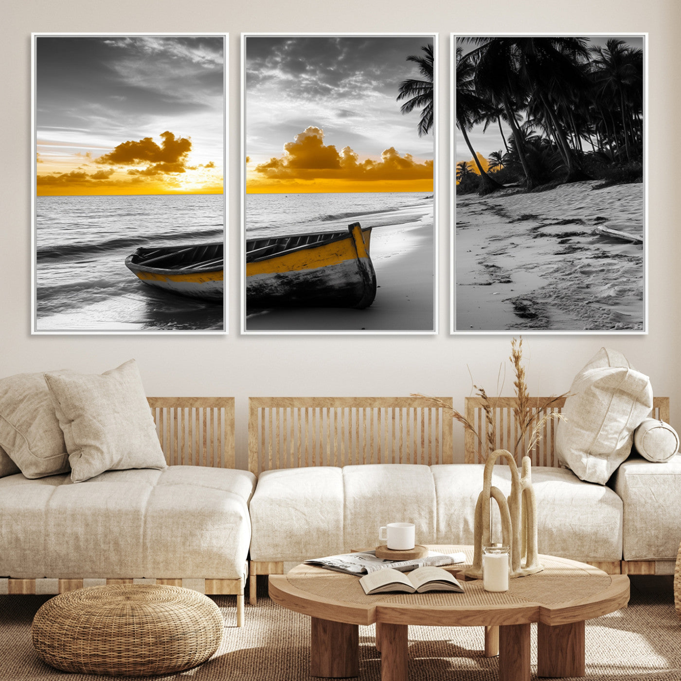 Canvas of a yellow rowboat on a black and white tropical beach with golden sunset sky, ideal for coastal or tropical-themed home decor.