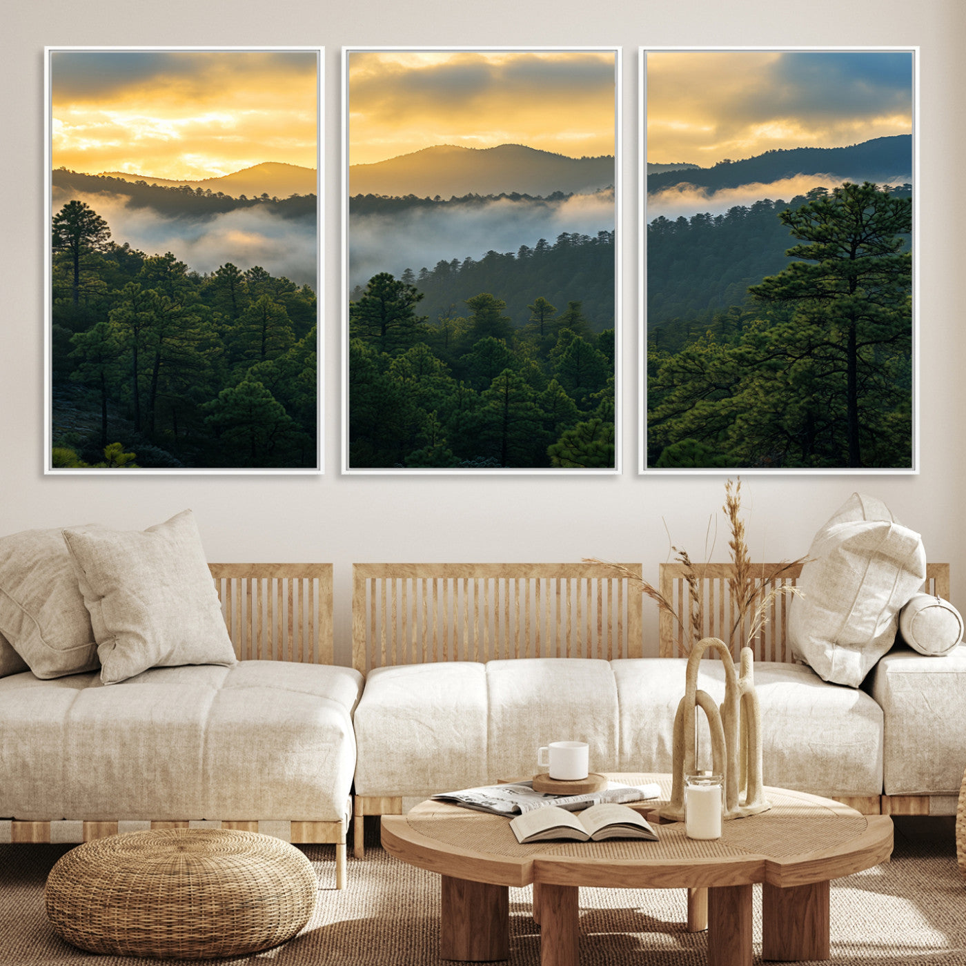 Canvas of misty pine-covered mountains at sunrise, featuring golden light and fog layers, ideal for tranquil earthy home decor.
