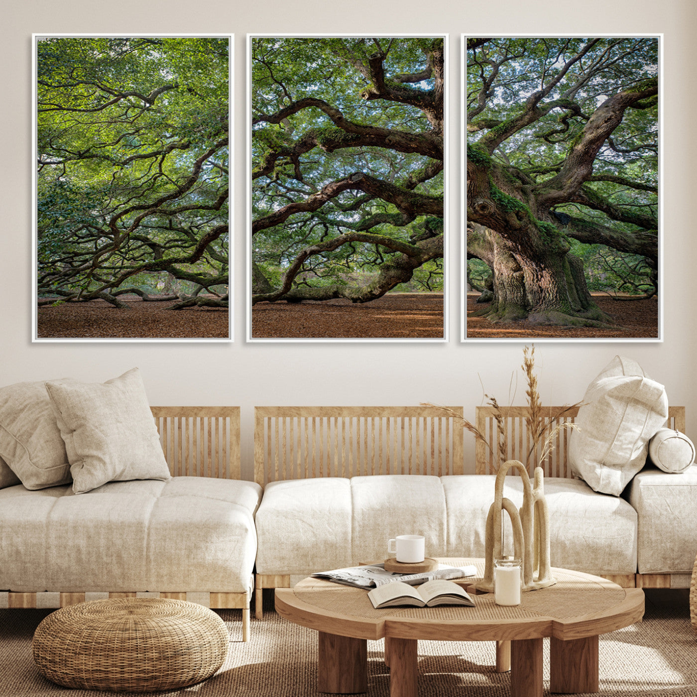 Canvas of the Angel Oak tree with sprawling limbs and mossy bark, ideal for earthy natural or rustic southern-inspired decor.