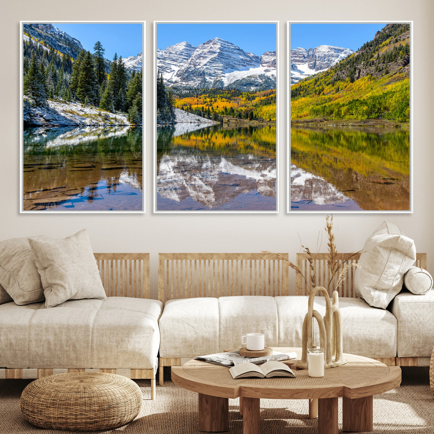 Canvas of Maroon Bells reflected in a clear alpine lake, with golden aspens and snowy peaks, ideal for crisp autumn or mountain-themed decor.