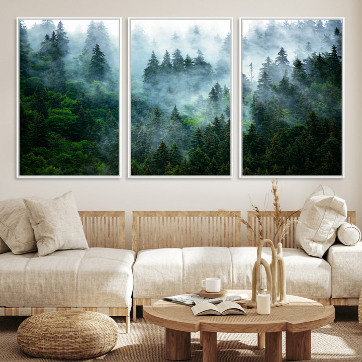 Misty Forest Art Wall Art Canvas Print, Foggy Mountain Art Print, Framed Scenic Wall Print Art Print, Large Woodland Canvas Printing Perfect for  Decor