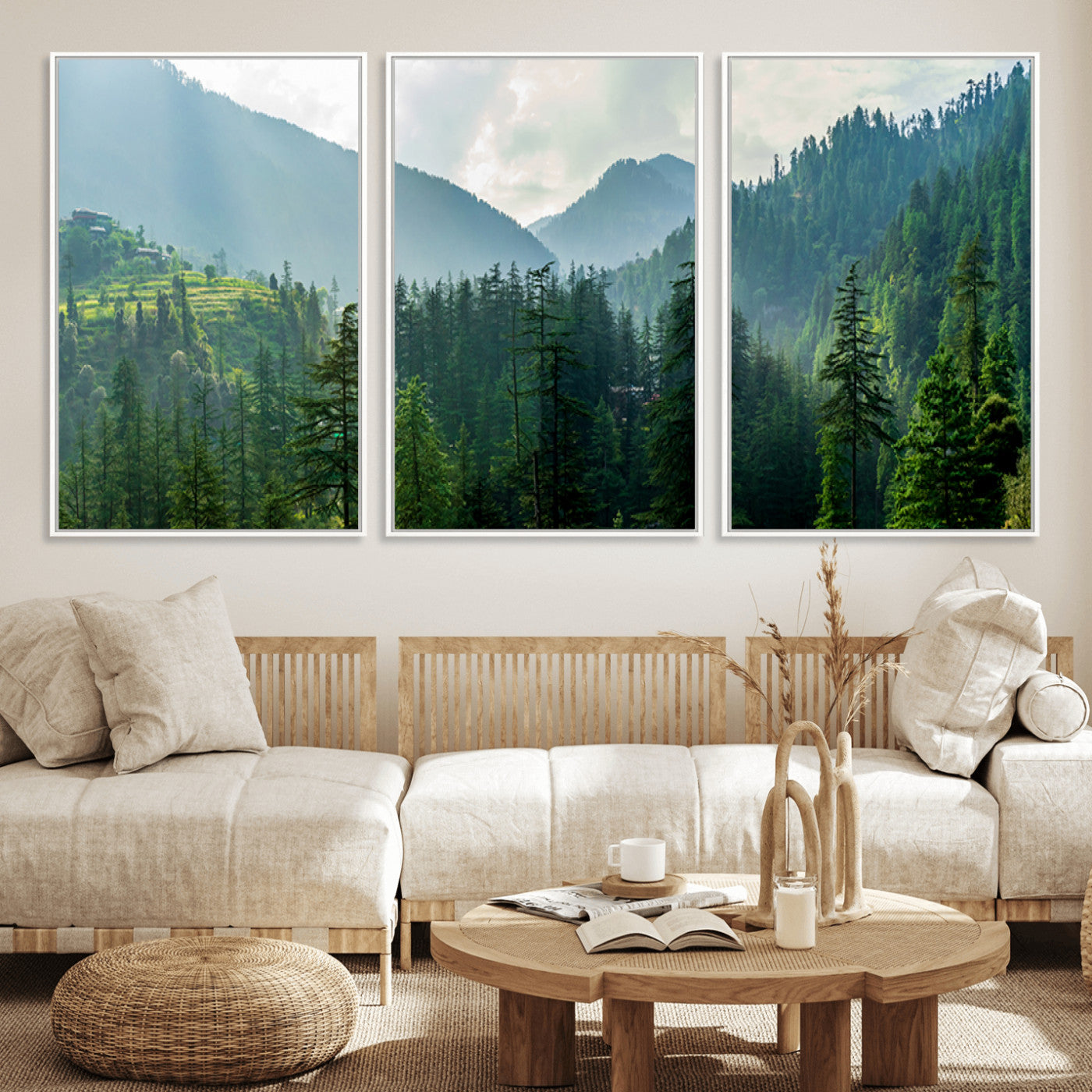 MGV-FC-60X30-3P - Misty Forest Mountain Canvas Print – Serene Nature Wall Art, Tranquil Valley