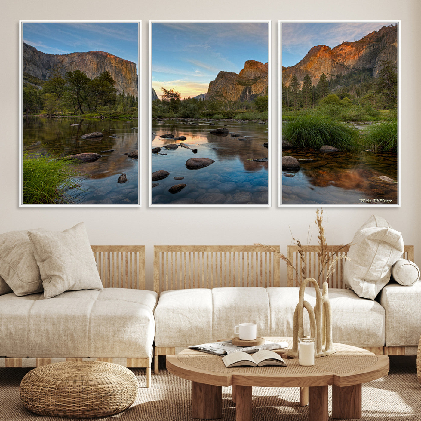 Canvas of Yosemite Valley with El Capitan and sunset reflections in a calm river, perfect for rustic or nature-themed décor.