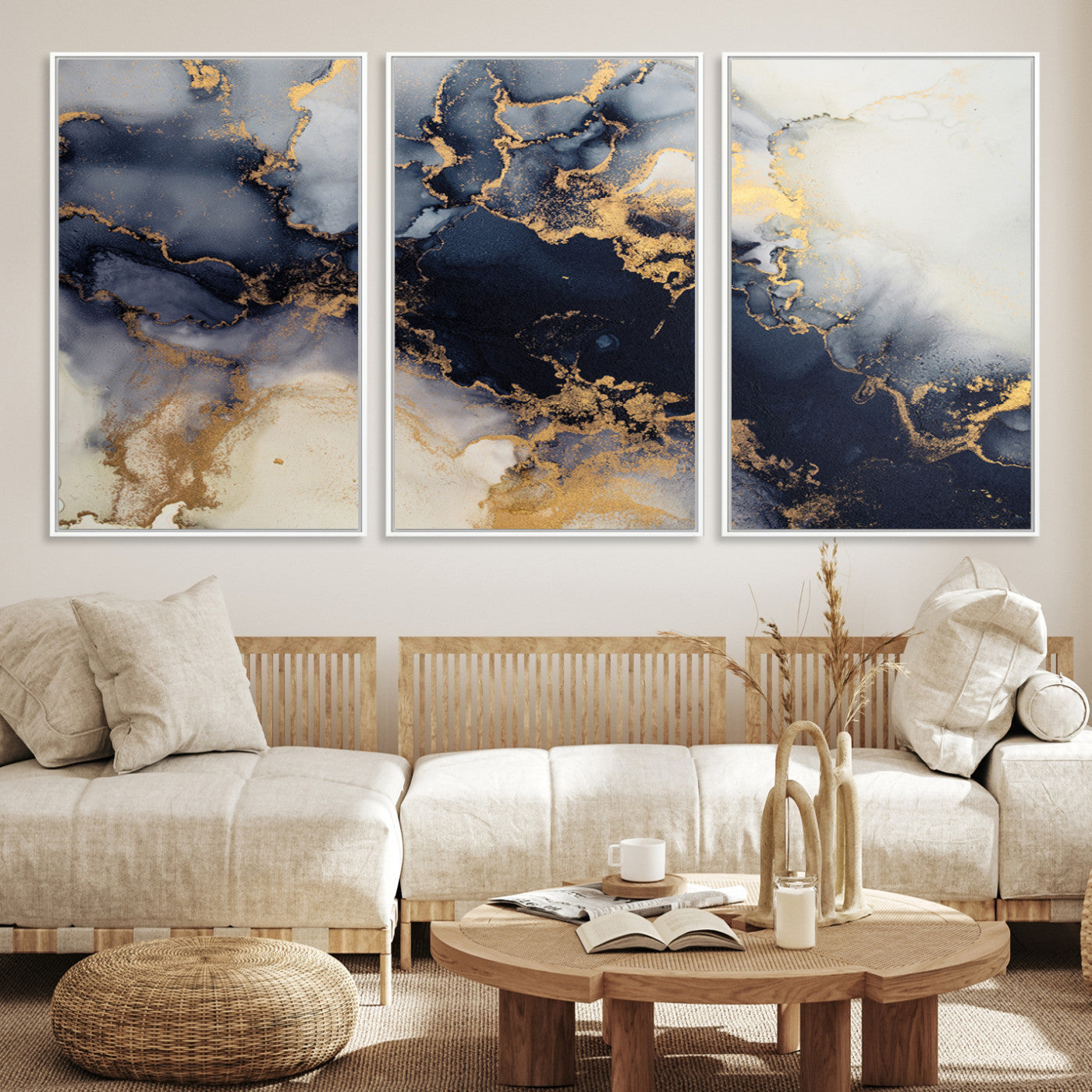 Luxurious abstract canvas in black and gold with moody fluid textures and smoky patterns, perfect for dramatic modern interiors.