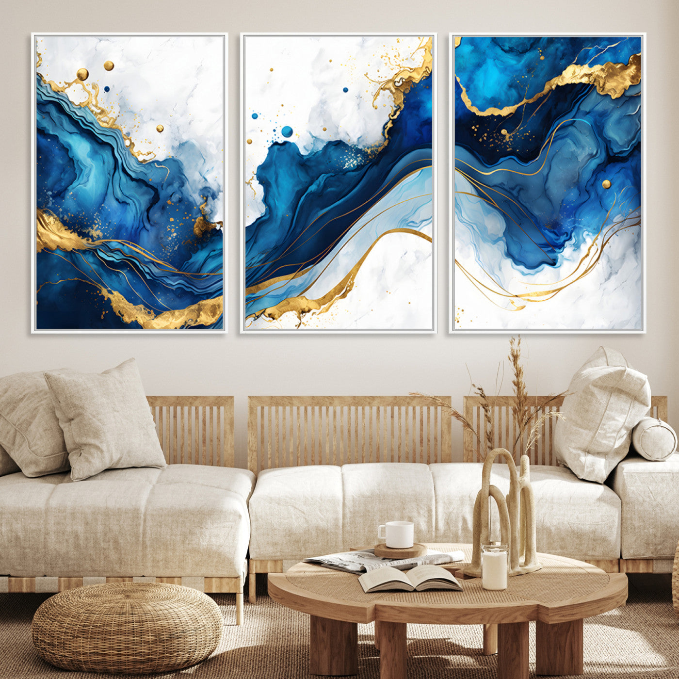 Elegant abstract canvas in cobalt blue and gold tones, featuring marble waves and fluid motion, ideal for luxe interior styling.