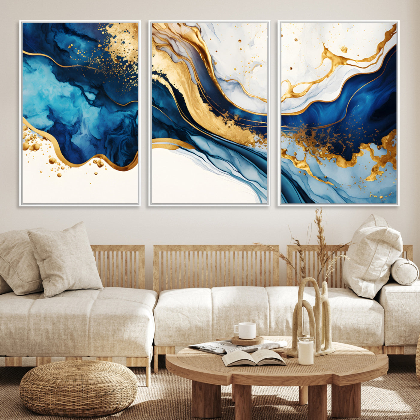 Canvas artwork with fluid blue and gold marbling, perfect for modern luxe or elegant abstract home decor styles.