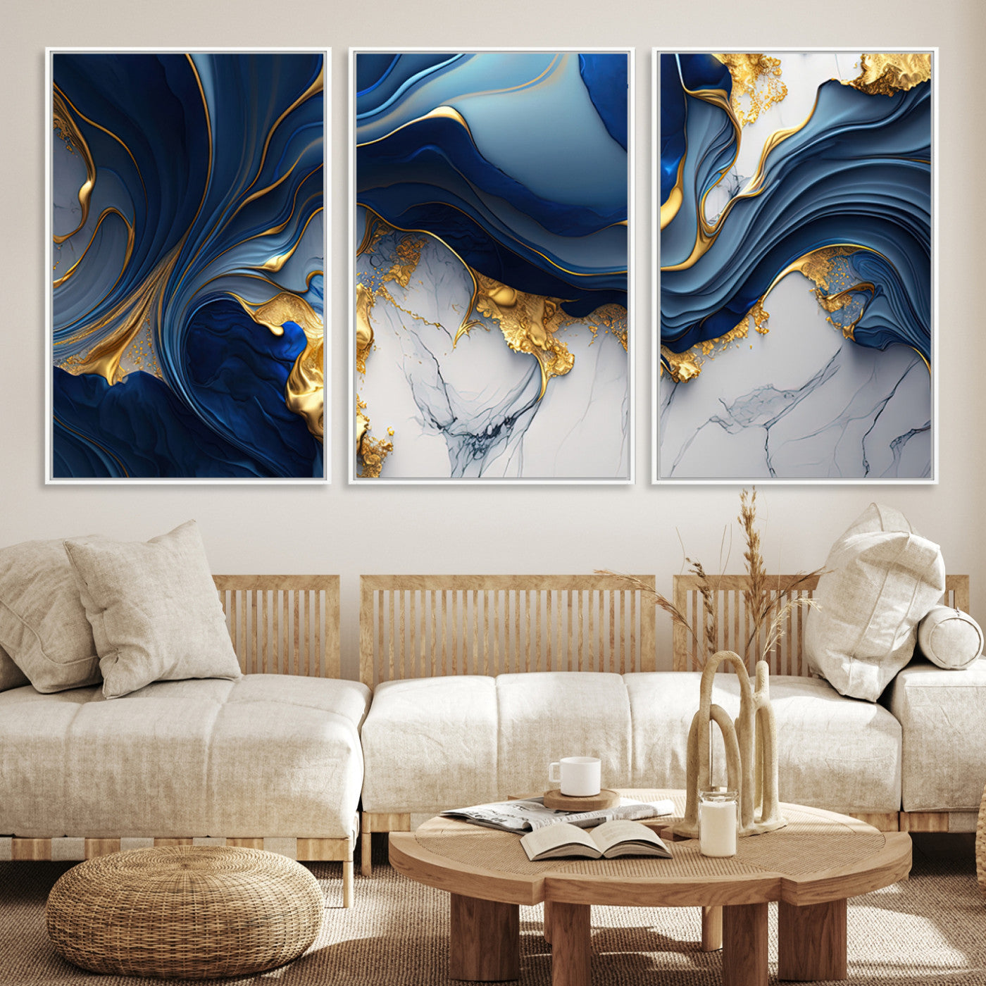 Canvas art with swirling blue marble and gold textures, ideal for elegant glam or modern luxury interior design settings.