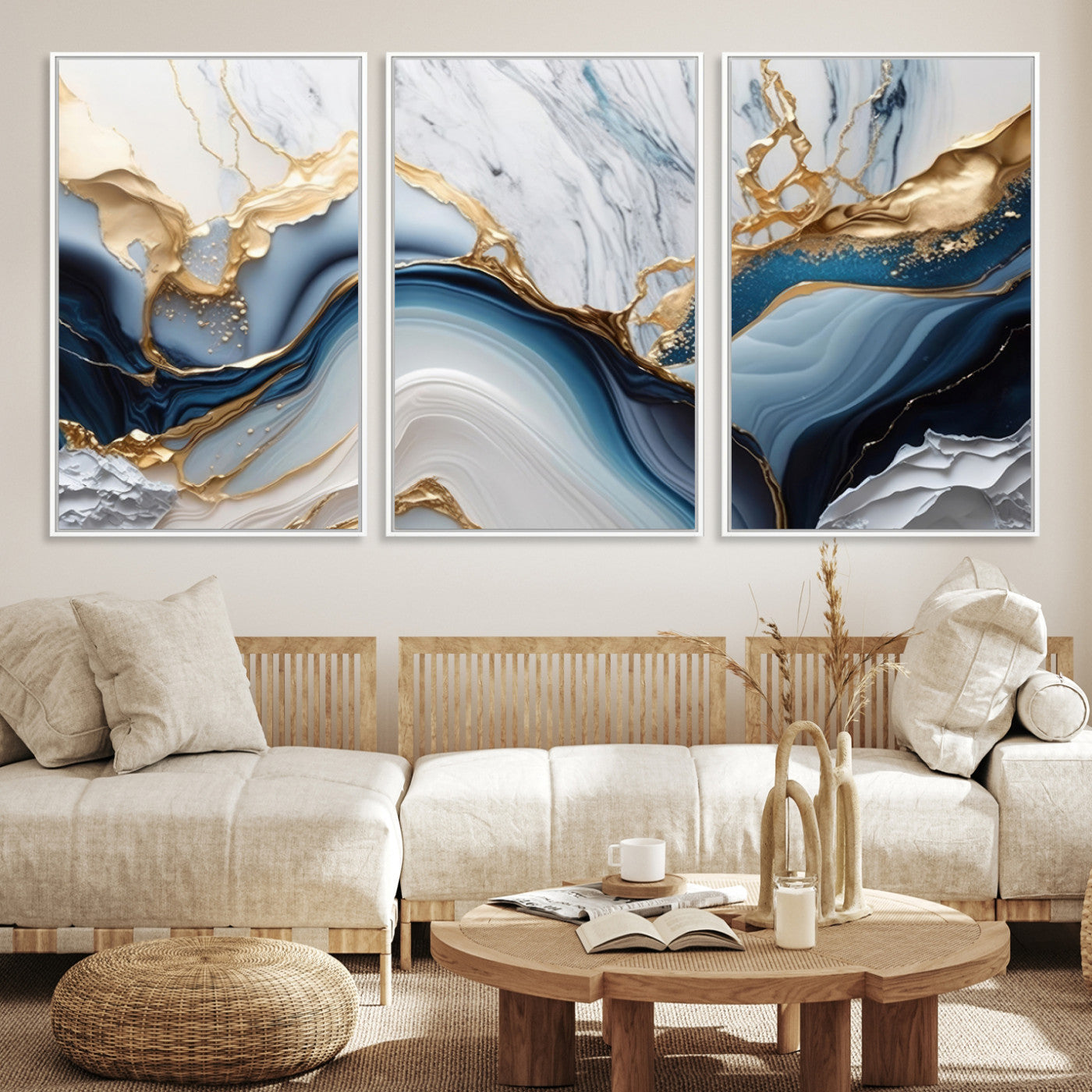 Abstract canvas with blue marble textures and flowing gold veins, ideal for modern luxury or coastal-inspired interior decor.