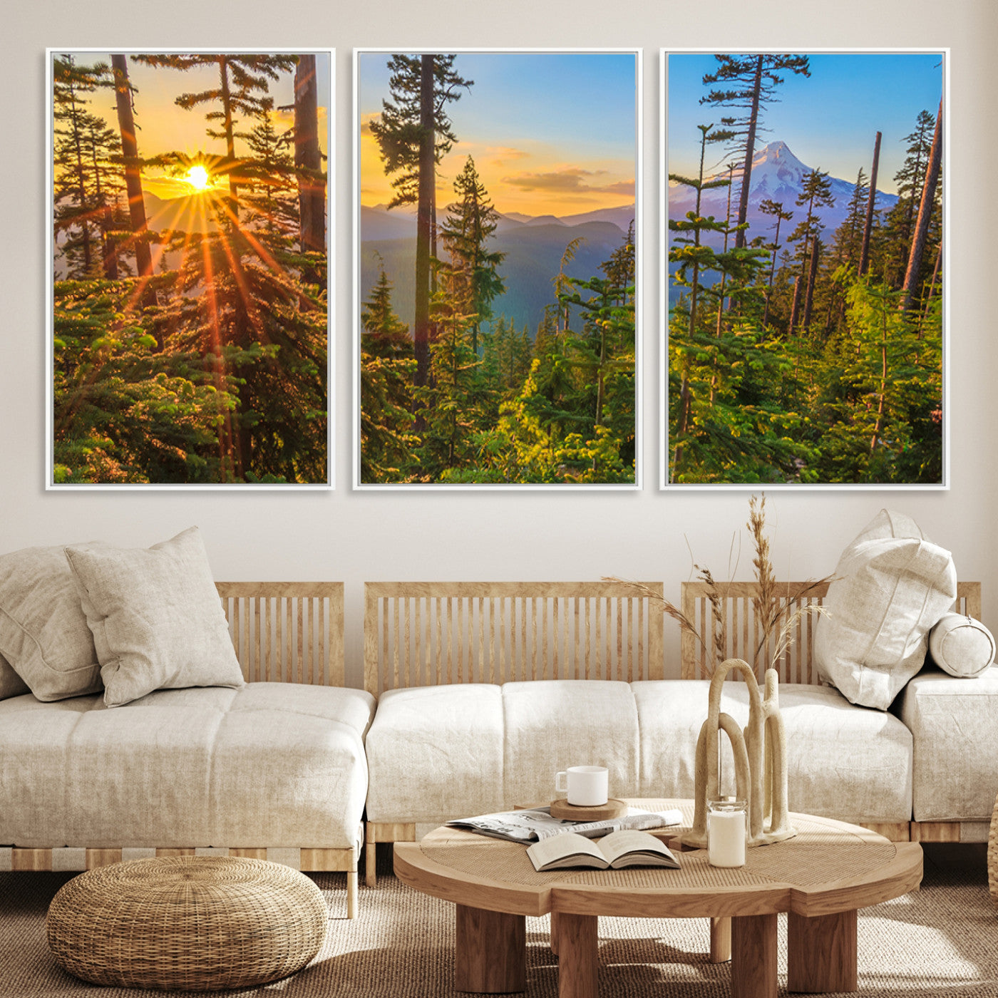 Colorful canvas of Mount Hood and Oregon forest at sunset, featuring sunburst light and lush pine trees for rustic nature decor.