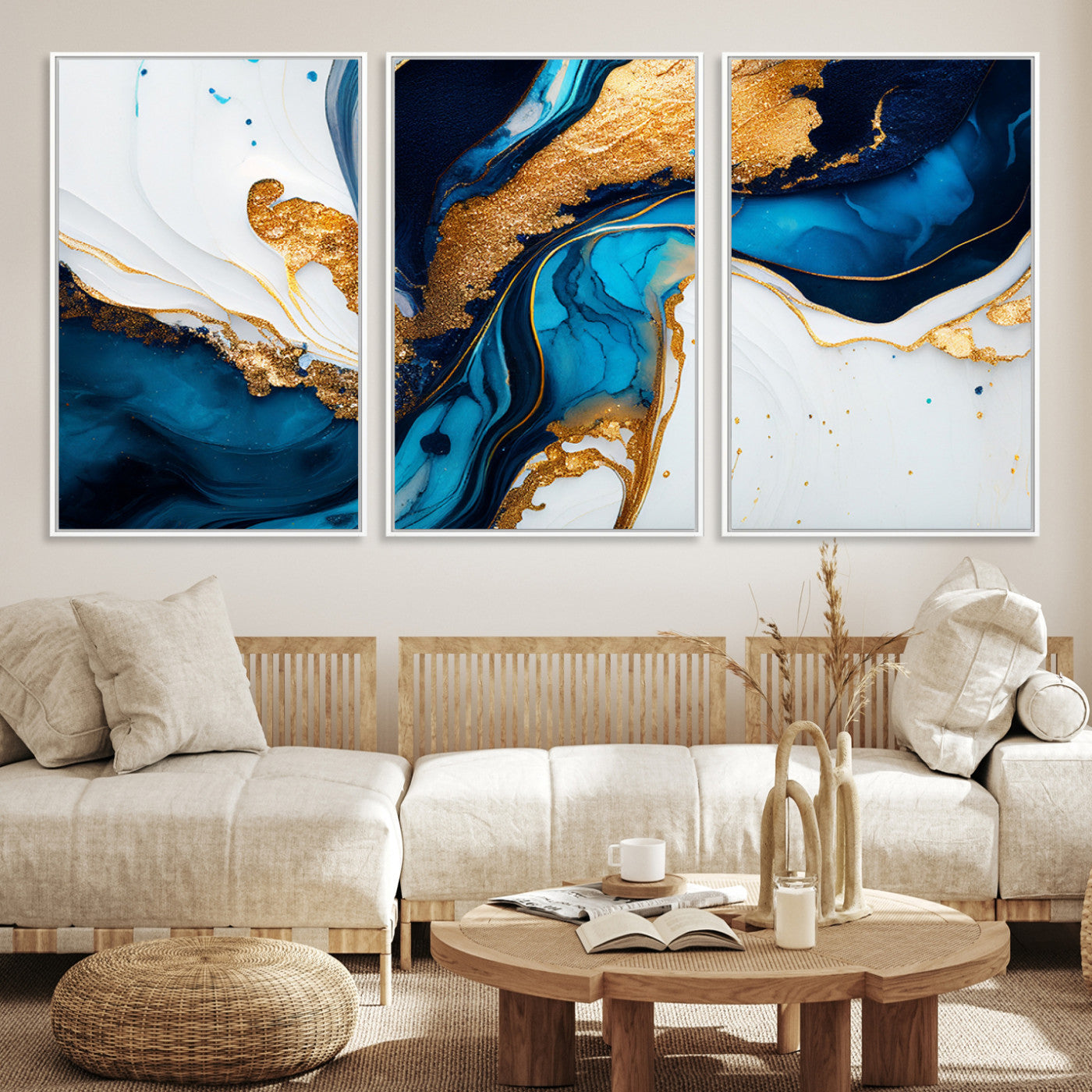 Luxurious abstract canvas in gold, navy, and teal tones with fluid marble patterns, perfect for modern glam or upscale interiors.