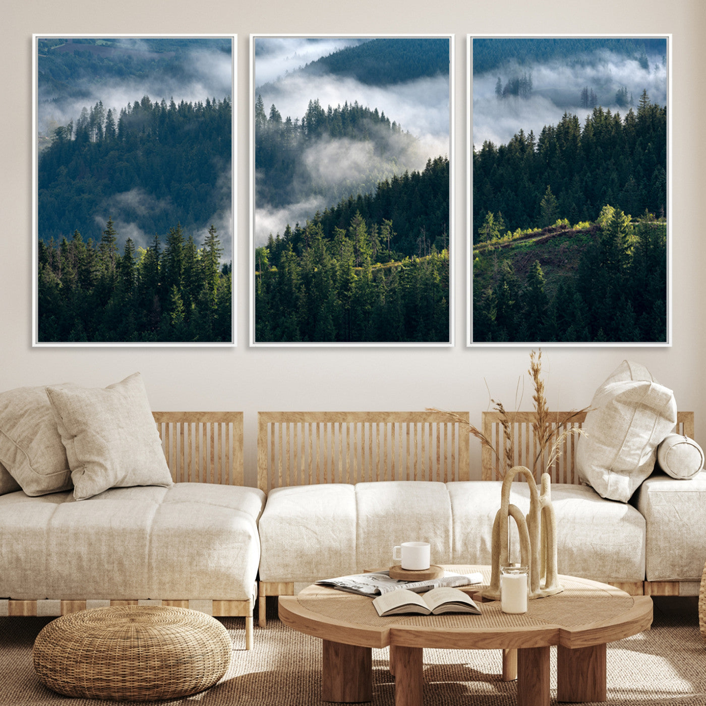 Moody canvas of misty pine forests over layered hills, perfect for cool-toned nature-inspired or woodland-style home decor.