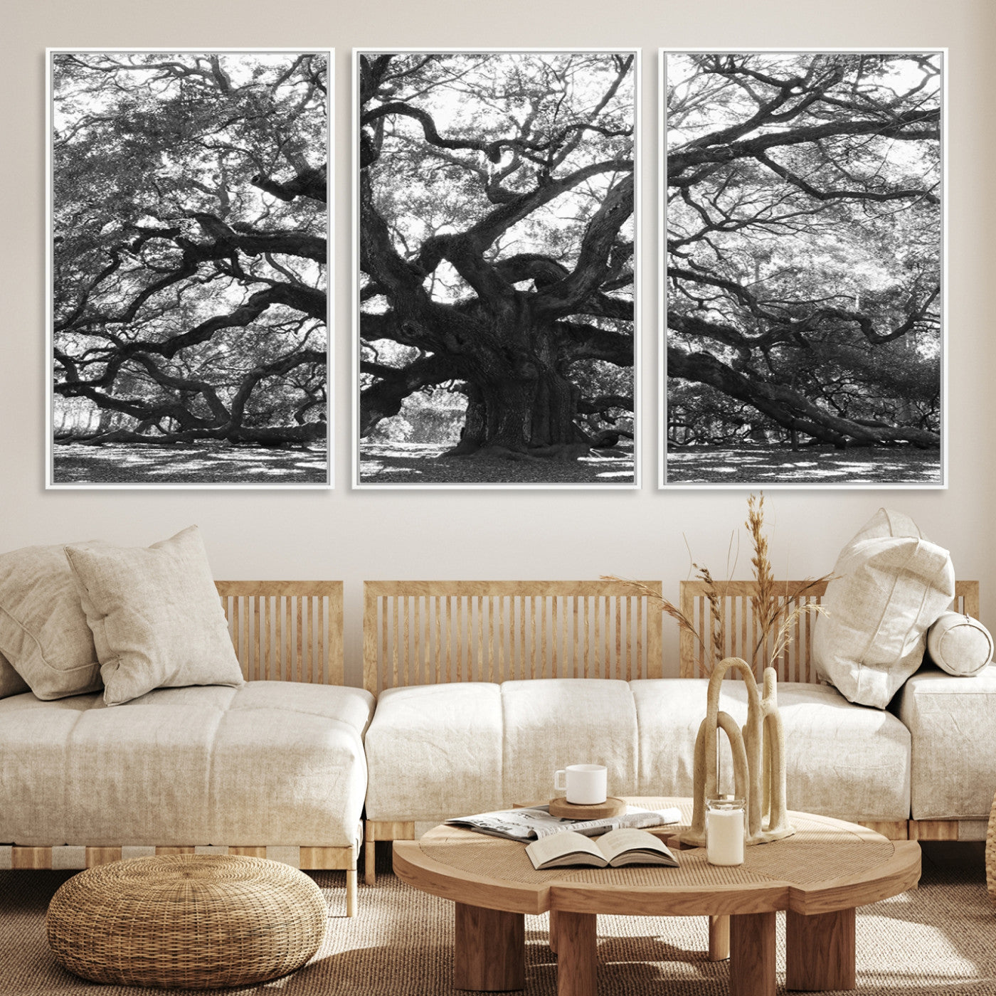 Black and white canvas of an ancient oak tree with sprawling, twisted branches, ideal for moody nature-inspired or rustic decor.