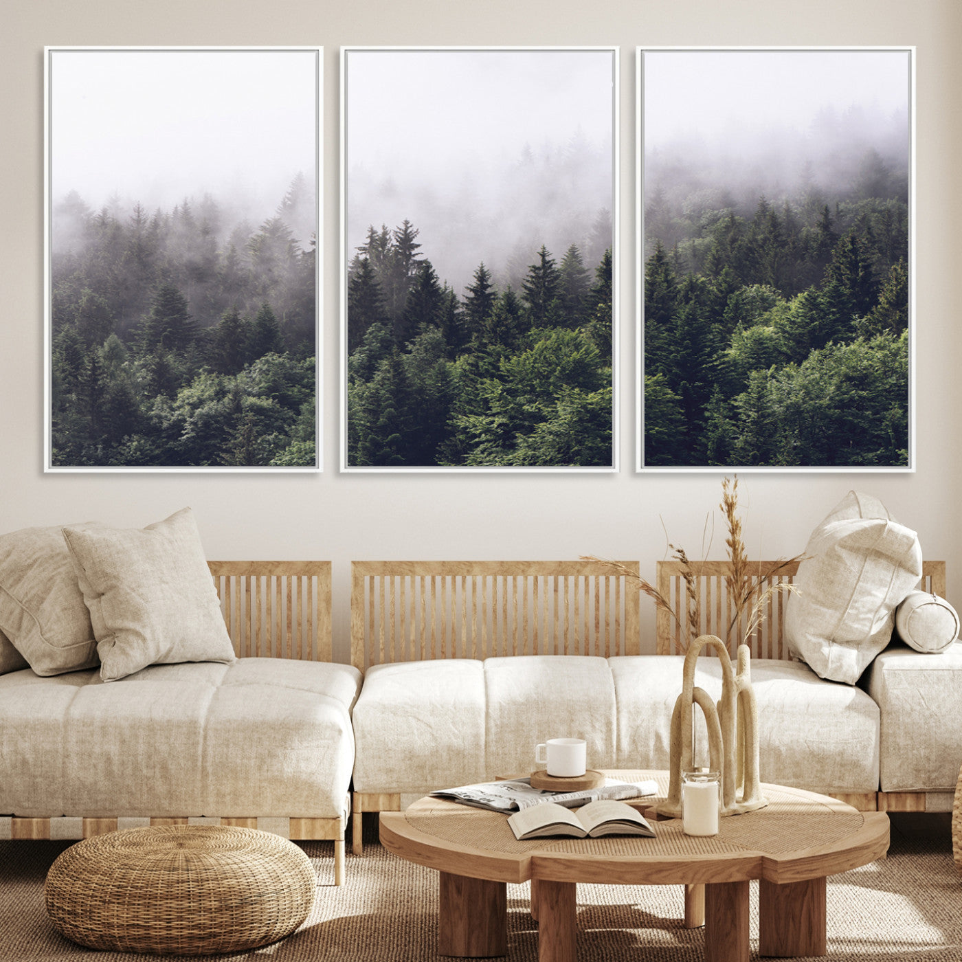 Canvas of dense misty forest in dark green tones, ideal for moody forest or atmospheric woodland-themed home decor.