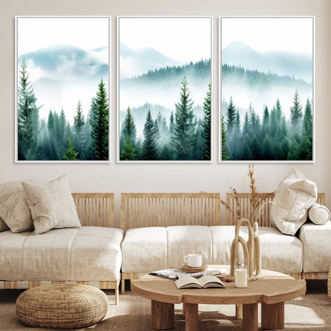 Canvas of pine forest and misty mountain layers in cool tones, perfect for moody forest or serene nature-inspired home decor.