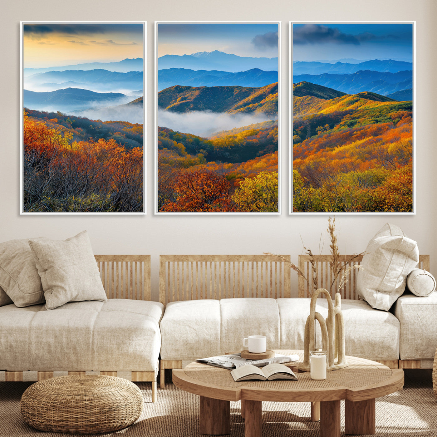Vibrant canvas of autumn mountains with colorful trees, layered blue ridges, and soft morning fog, ideal for bright nature-themed decor.
