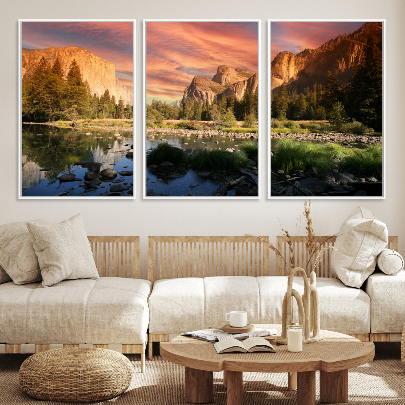 Canvas of Yosemite Valley with El Capitan and sunset sky, featuring vibrant tones ideal for rustic or nature-inspired home decor.