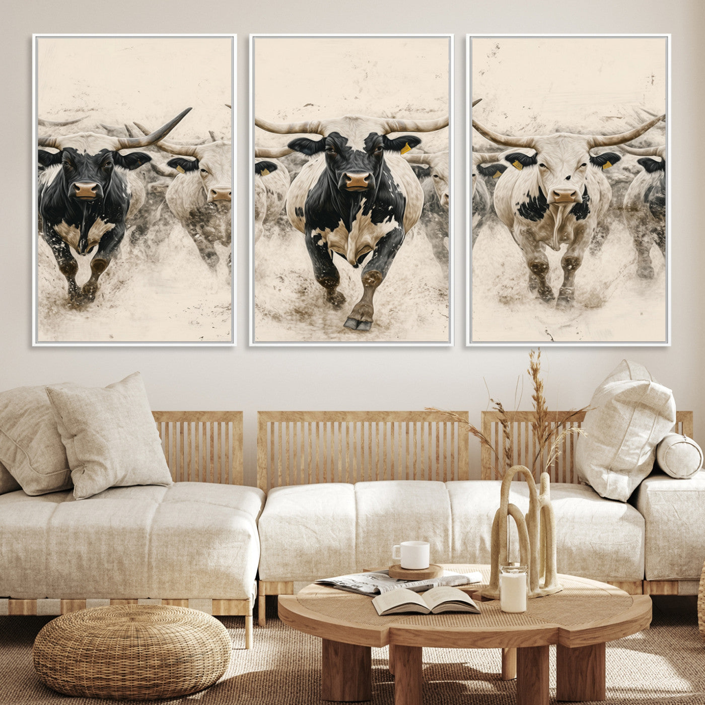 Canvas artwork of Texas Longhorn bulls walking in a dusty herd, ideal for rustic Western or country-style interior decor.