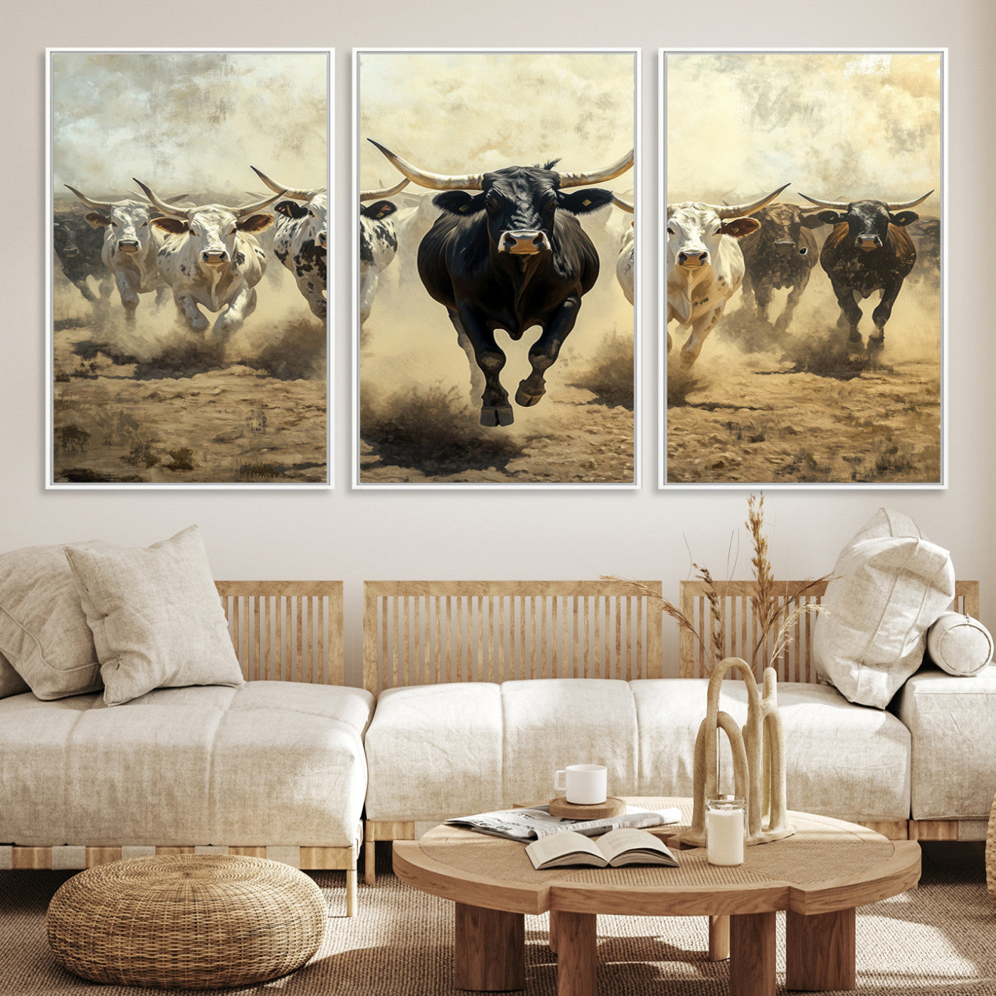 Dynamic canvas showing a Texas Longhorn stampede with earthy tones and bold movement, perfect for rustic or Western-style interiors.