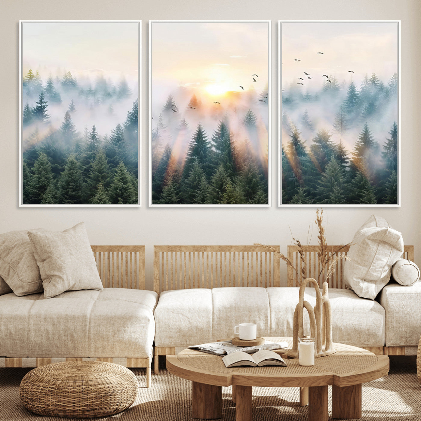MGV-FC-60X30-3P - Misty Pine Forest Wall Art Canvas, Sunrise Over Foggy Trees Canvas for Home - Office, Framed