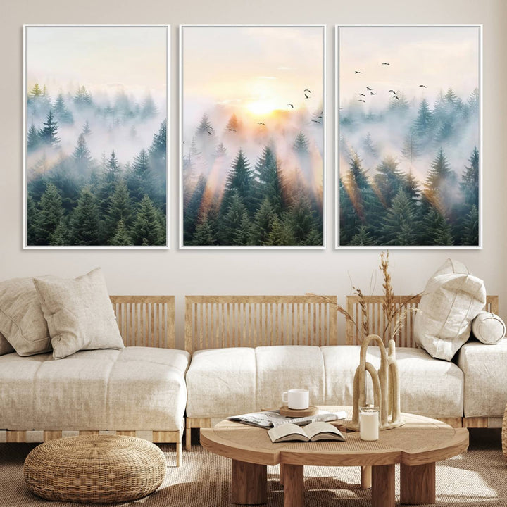 Misty Pine Forest Wall Art: A depiction of sunrise over foggy trees and birds against a bright sky; a framed woodland scene ideal for home or office decor.