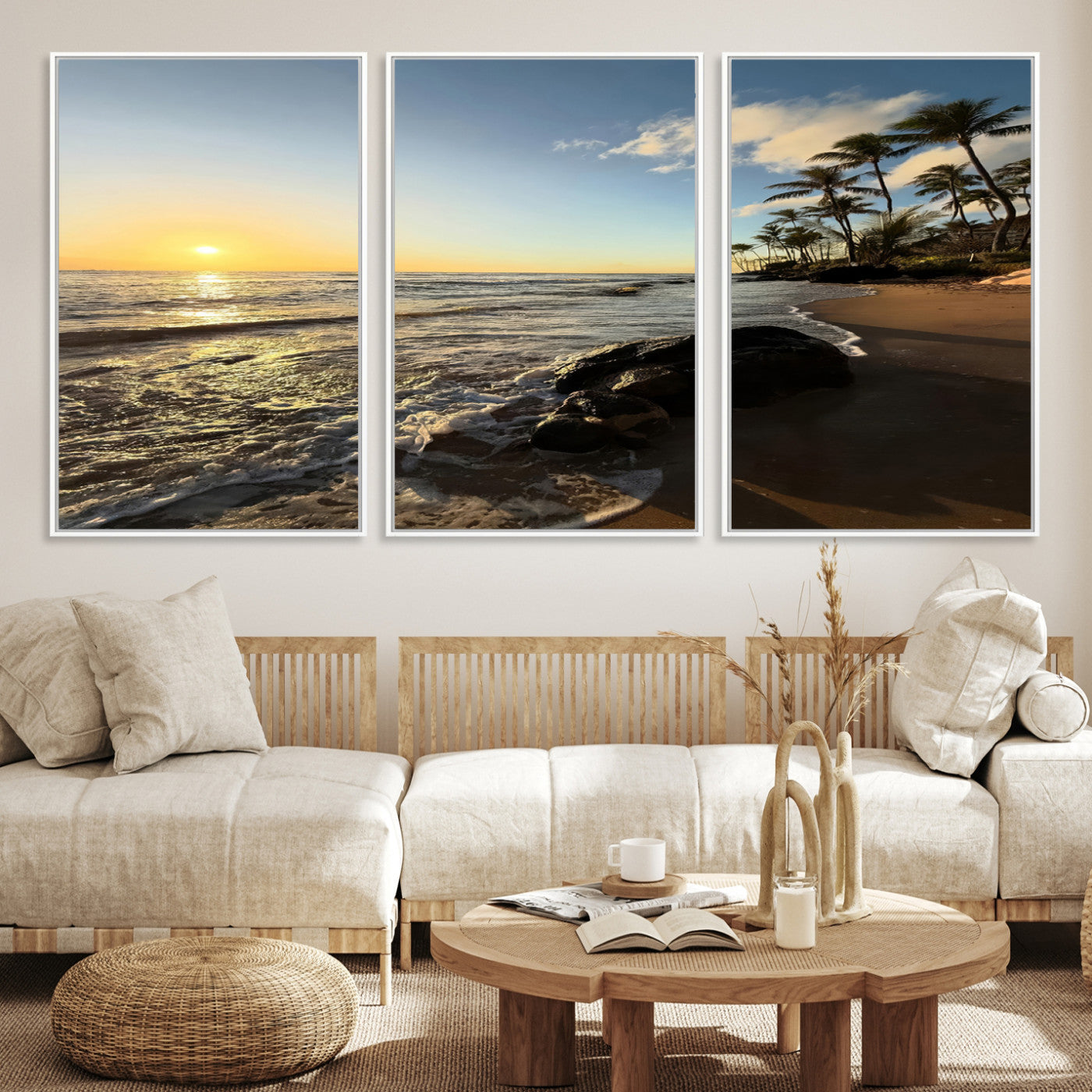 Canvas of a golden sunset on a tropical beach with palm trees and calm waves, perfect for coastal or island-themed home decor.