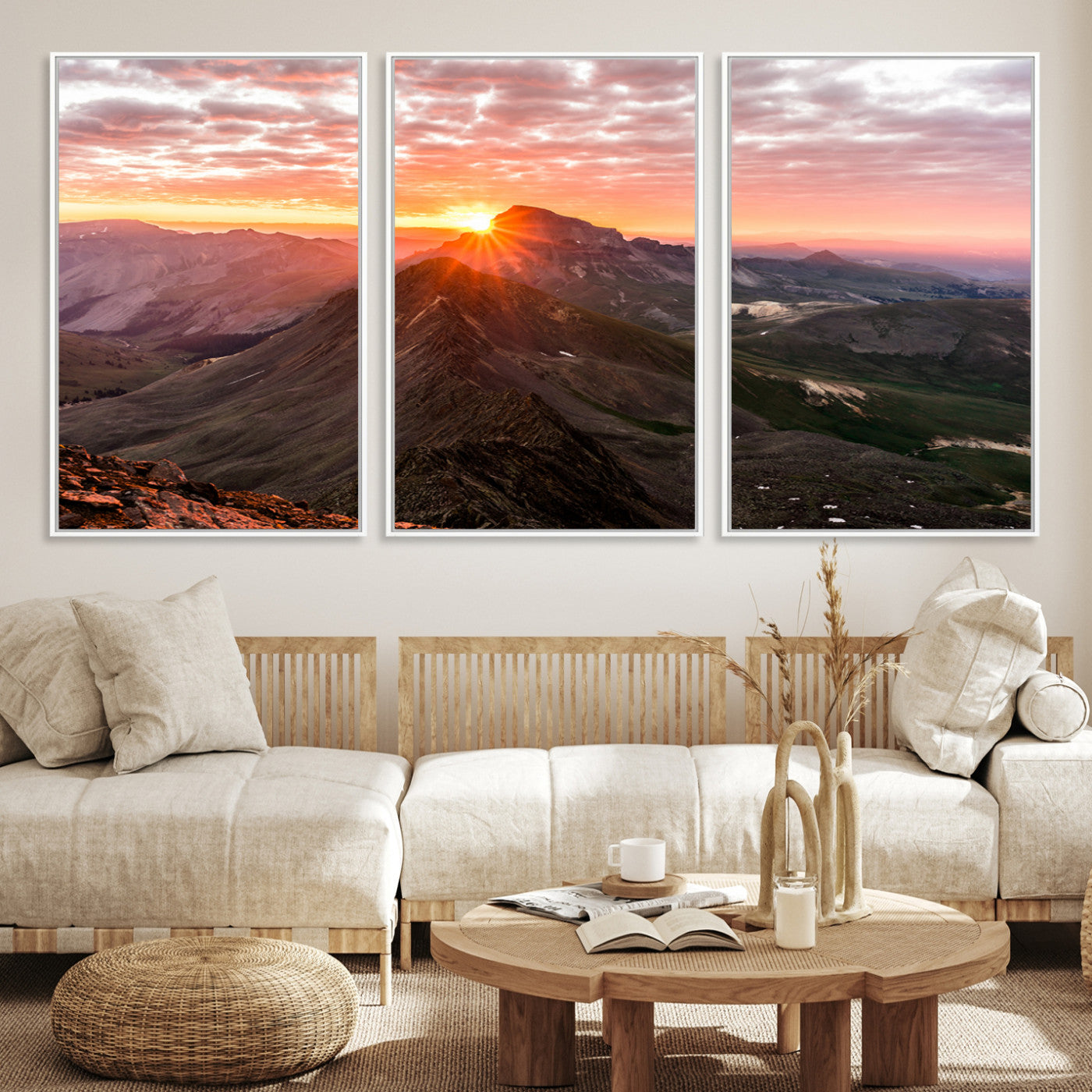 Canvas showing a mountain ridge at sunrise with golden light and dramatic clouds, perfect for nature or rustic-inspired wall decor.