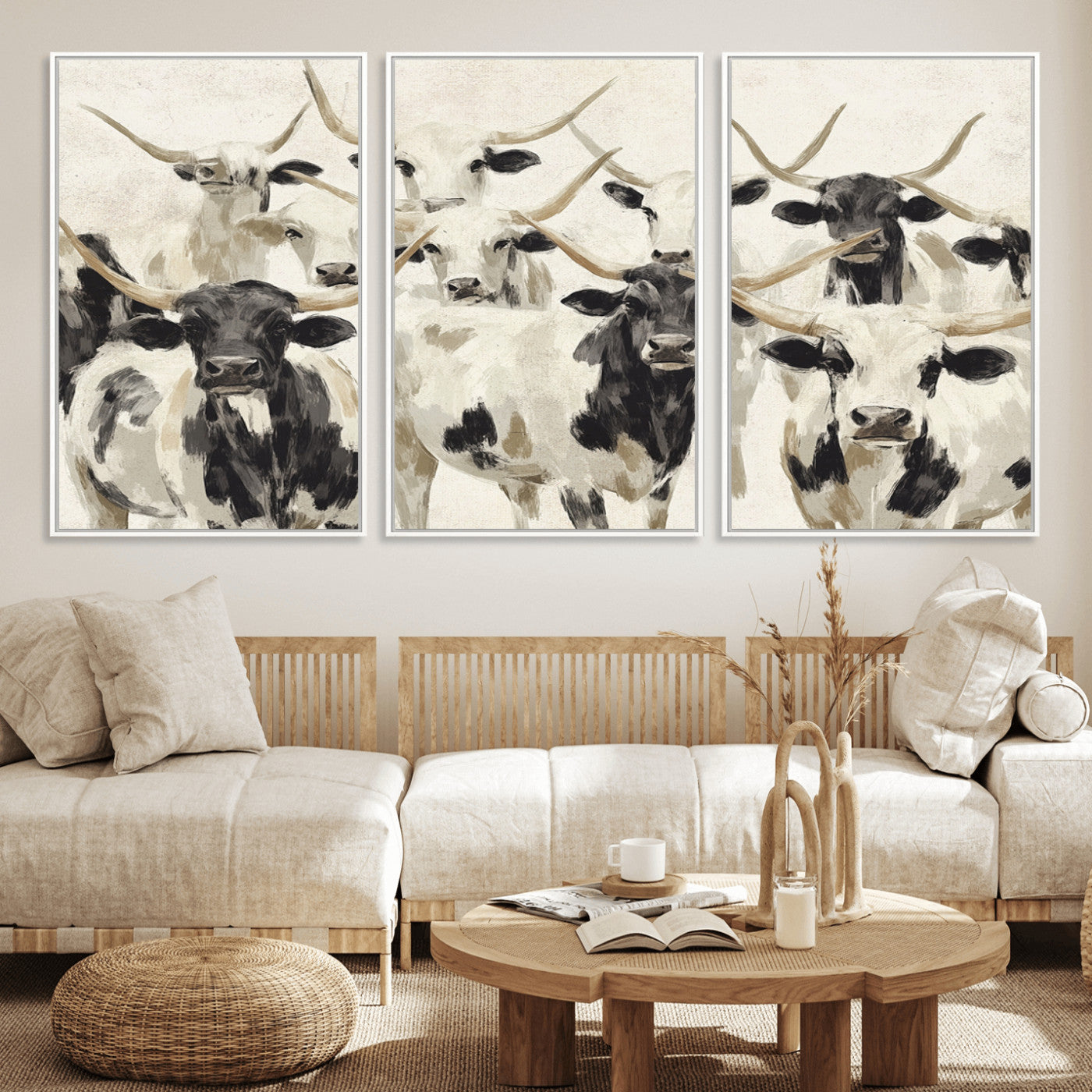 MGV-FC-60X30-3P - Longhorn Texas Cow Drawing Abstract Wall Art Canvas Print for Farmhouse Decor, Texas Bull Printing