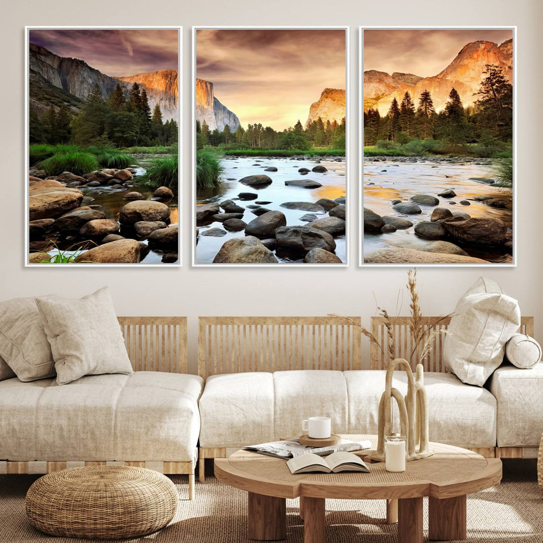 A tranquil riverside sunset mirrors the beauty of a Yosemite wall art masterpiece like the Large El Capitan Print.