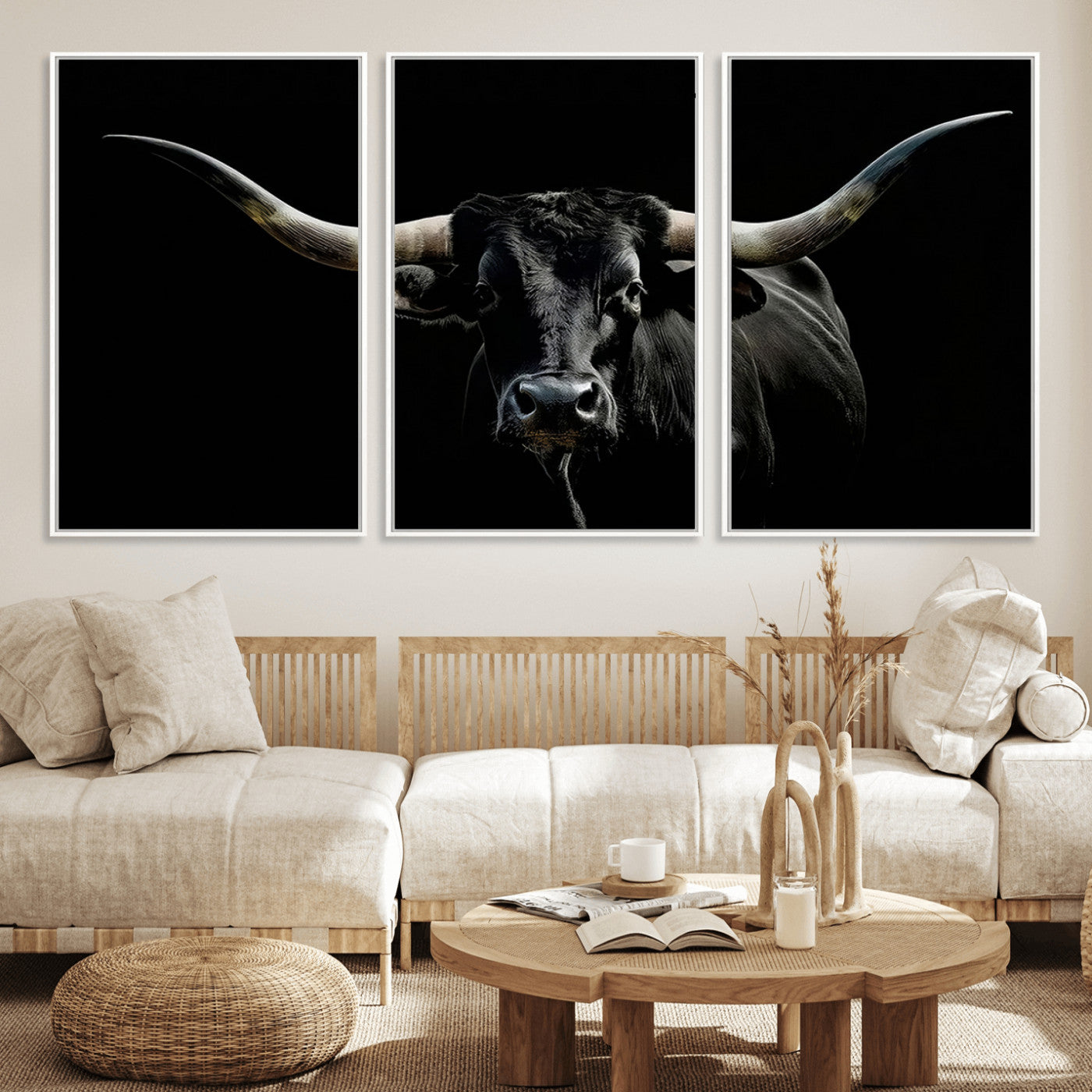 MGV-FC-60X30-3P - Texas Black Bull Wall Art Print, Longhorn Bull Canvas Wall Art