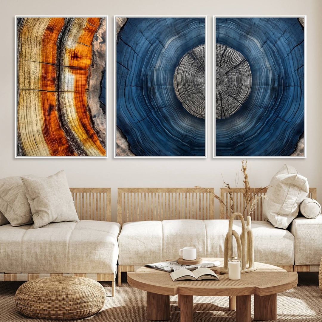 Vibrant Abstract Tree Rings in Orange, Brown, and Blue - Canvas Print for Nature Woodland Wall Decor.