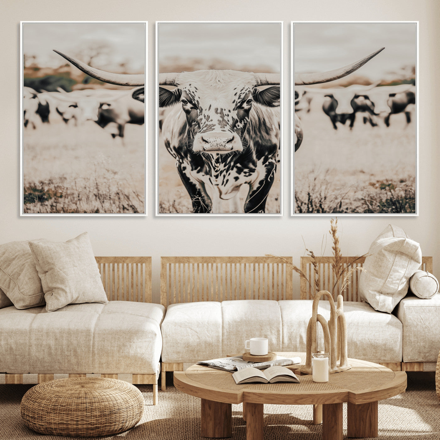 MGV-FC-60X30-3P - Texas Longhorn Wall Art Canvas Print, Framed Speckled Cow Art Picture Print, Horned Cattle Perfect Rustic Western Decor Artwork