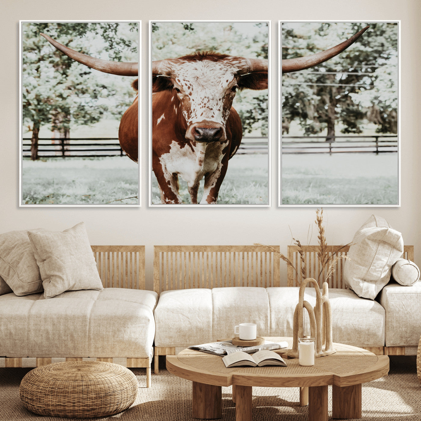 MGV-FC-60X30-3P - Texas Longhorn Wall Art Canvas Print, Framed Spotted Cow Art Picture Print, Horned Cattle Perfect Rustic Western Decor Artwork