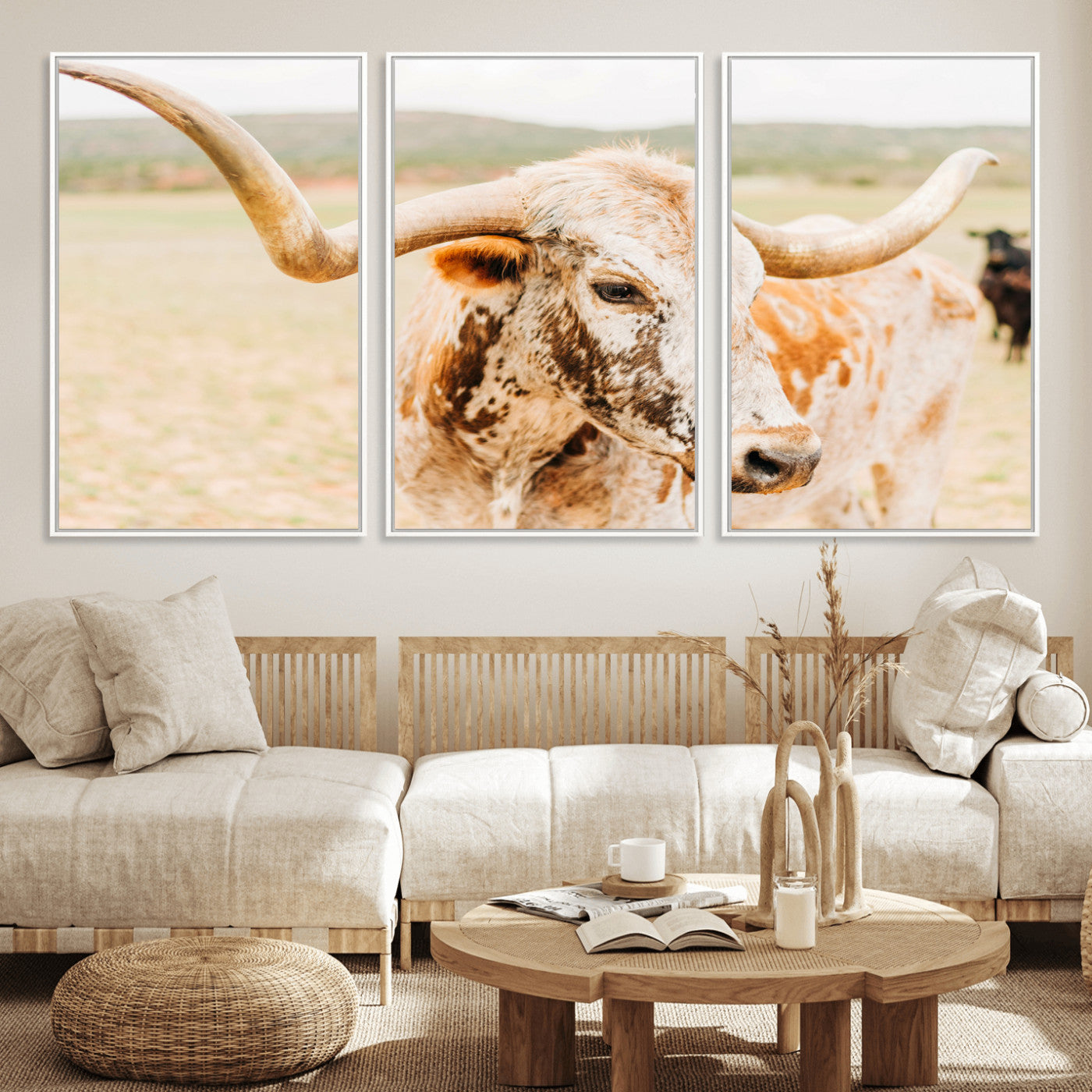 MGV-FC-60X30-3P - Texas Longhorn Wall Art Canvas Print, Framed Spotted Cow Art Picture Print, Horned Cattle Perfect Rustic Western Decor Artwork