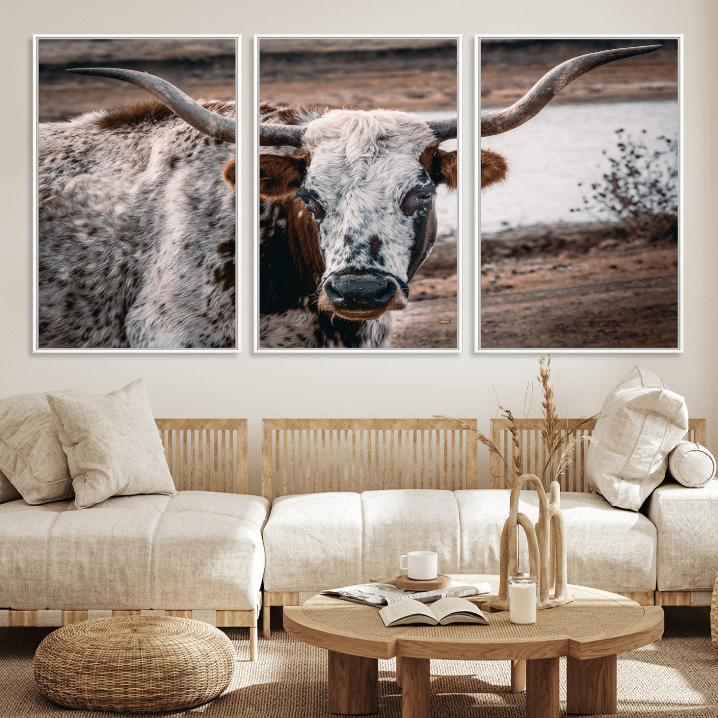 MGV-FC-60X30-3P - Texas Longhorn Wall Art Canvas Print, Framed Spotted Cow Art Picture Print, Horned Cattle Perfect Rustic Western Decor Artwork