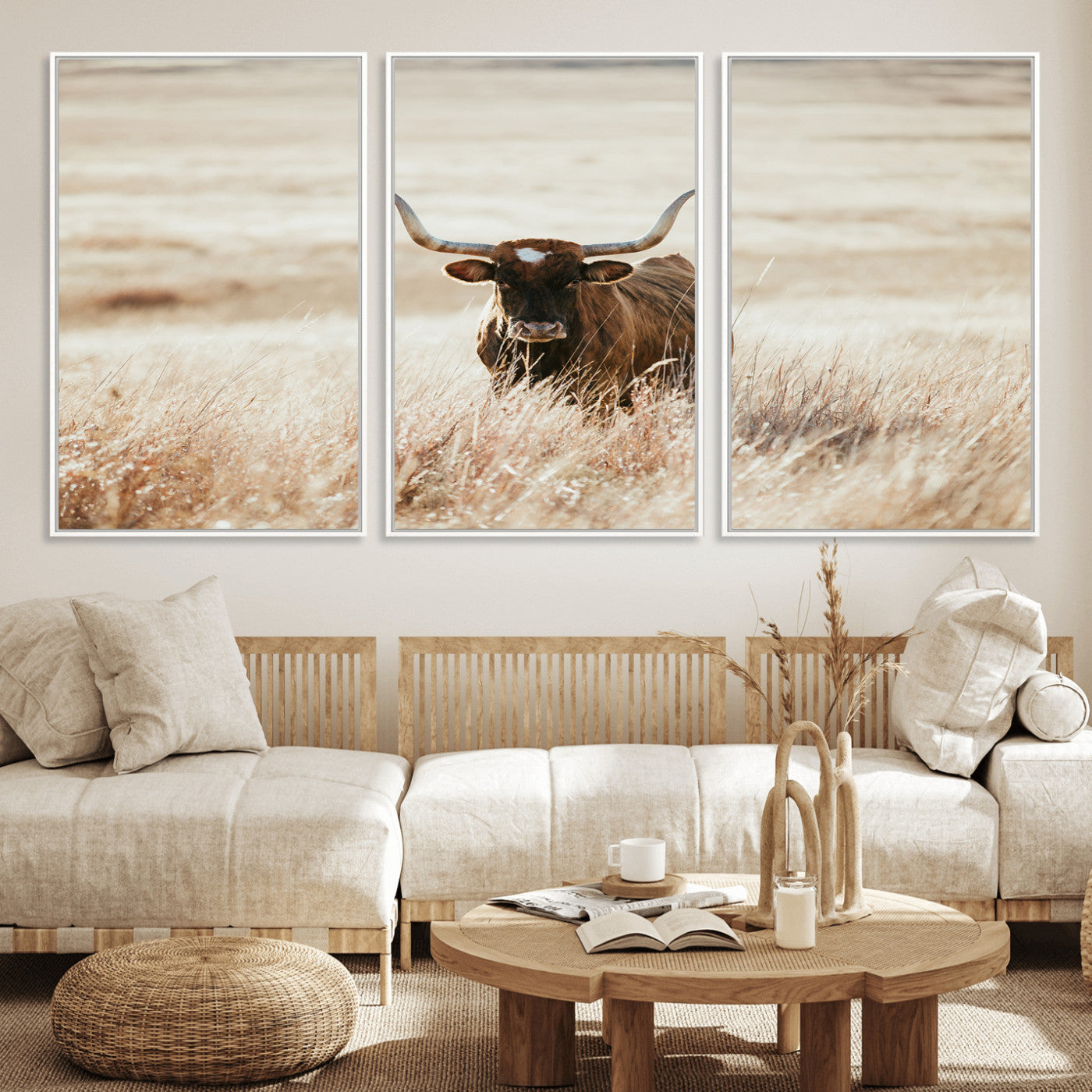MGV-FC-60X30-3P - Texas Longhorn Wall Art Canvas Print, Framed Brown Cattle Art Picture Print, Horned Bull Perfect Rustic Western Decor Artwork