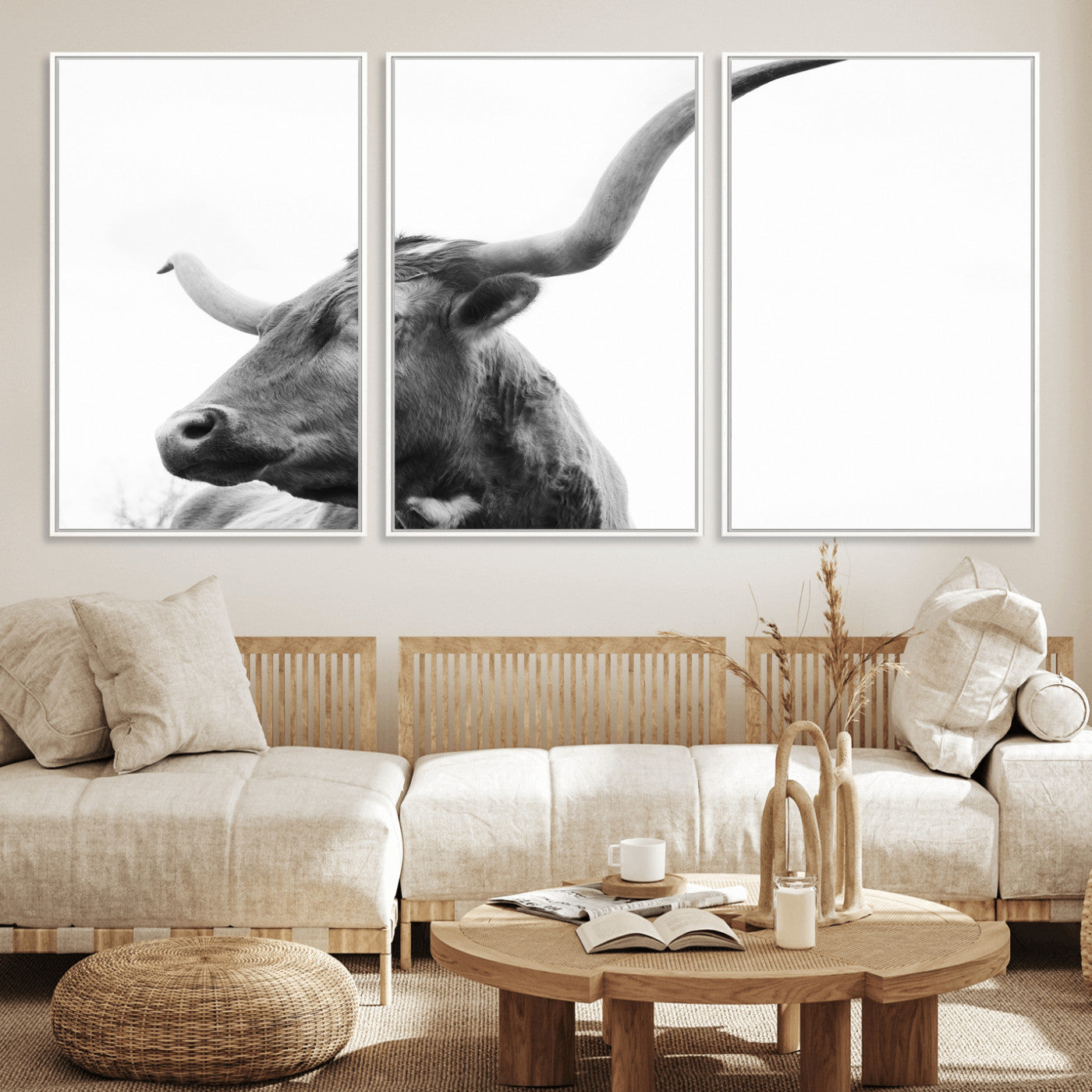 MGV-FC-60X30-3P - Longhorn Wall Art Wall Art Canvas Print, Framed Modern Ranch Style Art Art Picture Print, Monochrome Cow Print Perfect Rustic Western Decor Artwork
