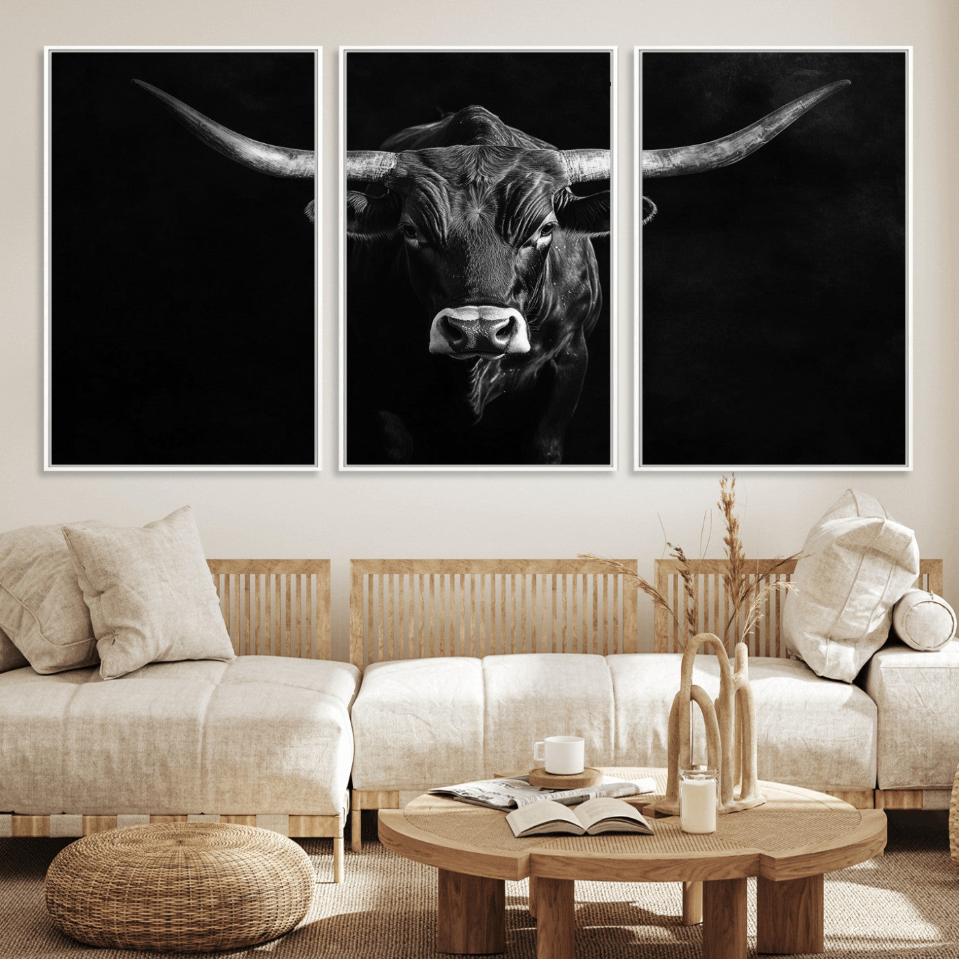 MGV-FC-60X30-3P - Texas Longhorn Wall Art Canvas Print, Framed Monochrome Bull Art Picture Print, Horned Bull Perfect Rustic Western Decor Artwork