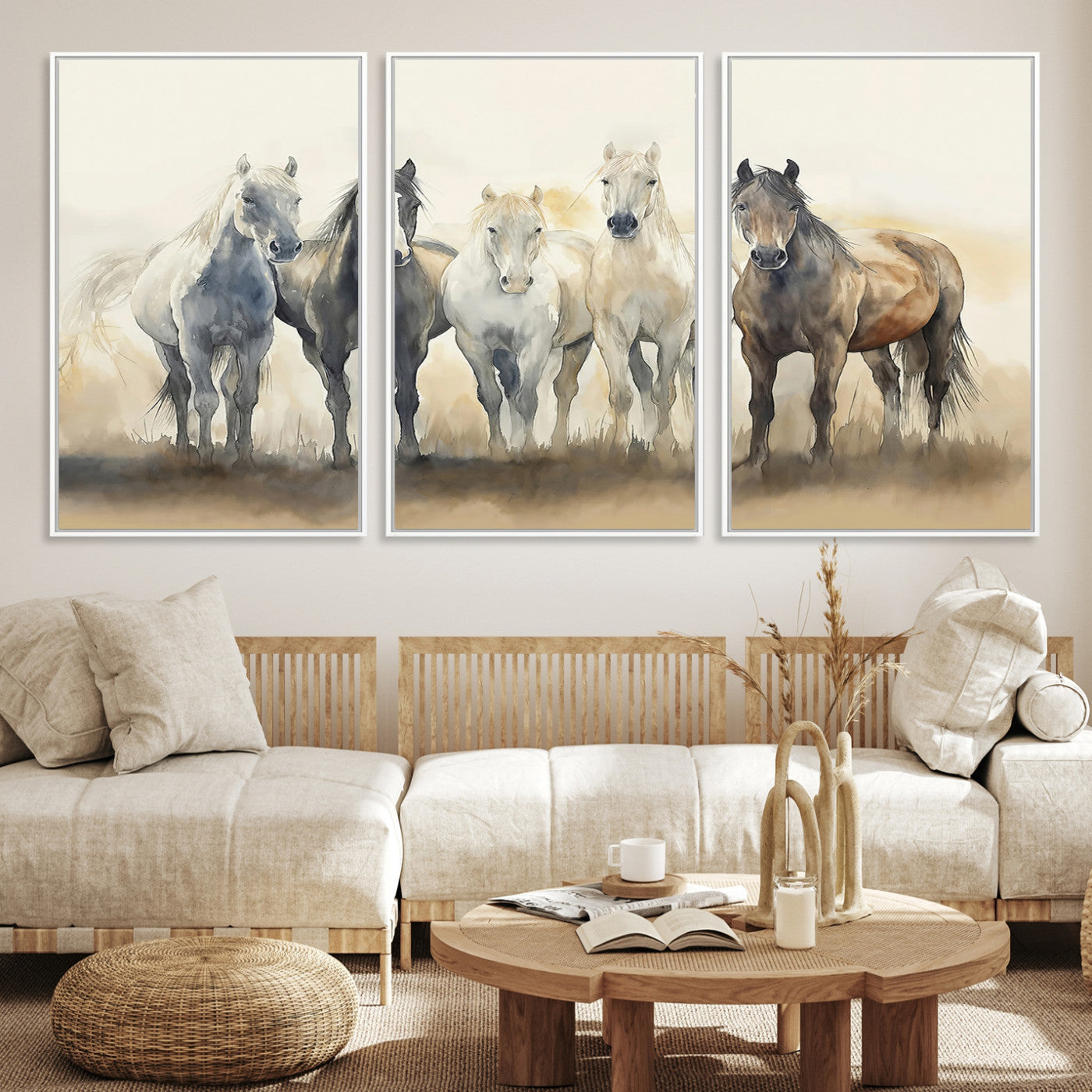 Watercolor illustration of five wild horses in soft neutral tones, perfect for rustic or western-style home decor with a calming natural vibe.