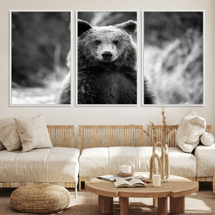 Grizzly Bear Wall Art Canvas Print, Framed Black White Bear Art Picture Print, Wild Bear Perfect Rustic Wildlife Decor