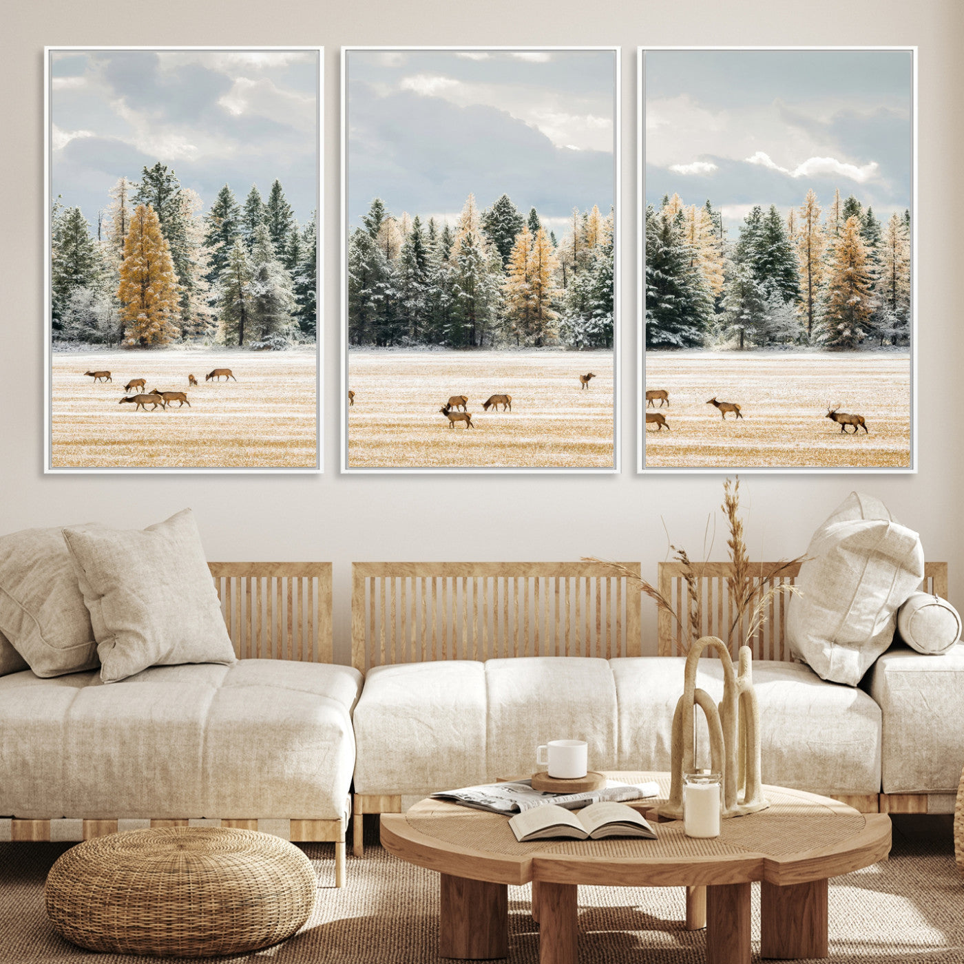 Elk herd in a snowy field with golden pine trees and frosted evergreens, ideal for neutral rustic or cabin-style home decor.