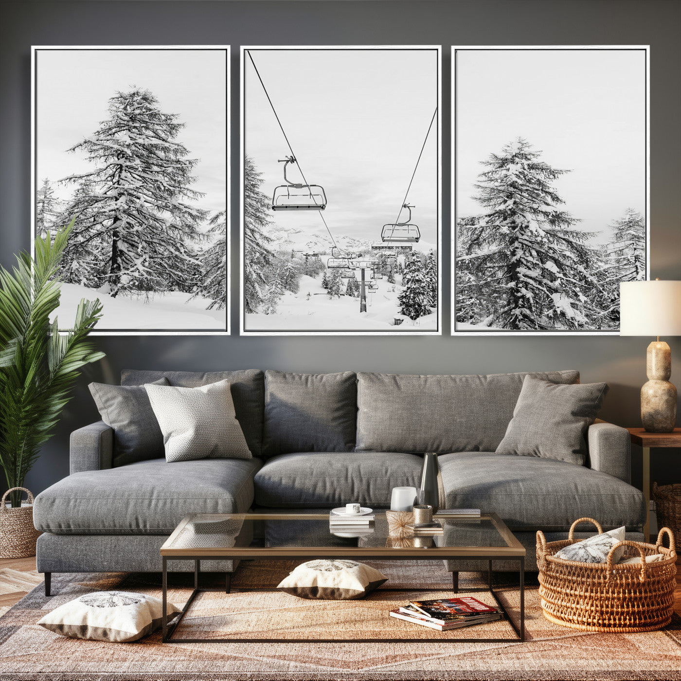 55003599-MGV-CV-36X24 - Snowy Ski Lift Wall Art – Framed Winter Forest Canvas Artwork, Peaceful Mountain Design, Modern Nature Decor for Home, Office