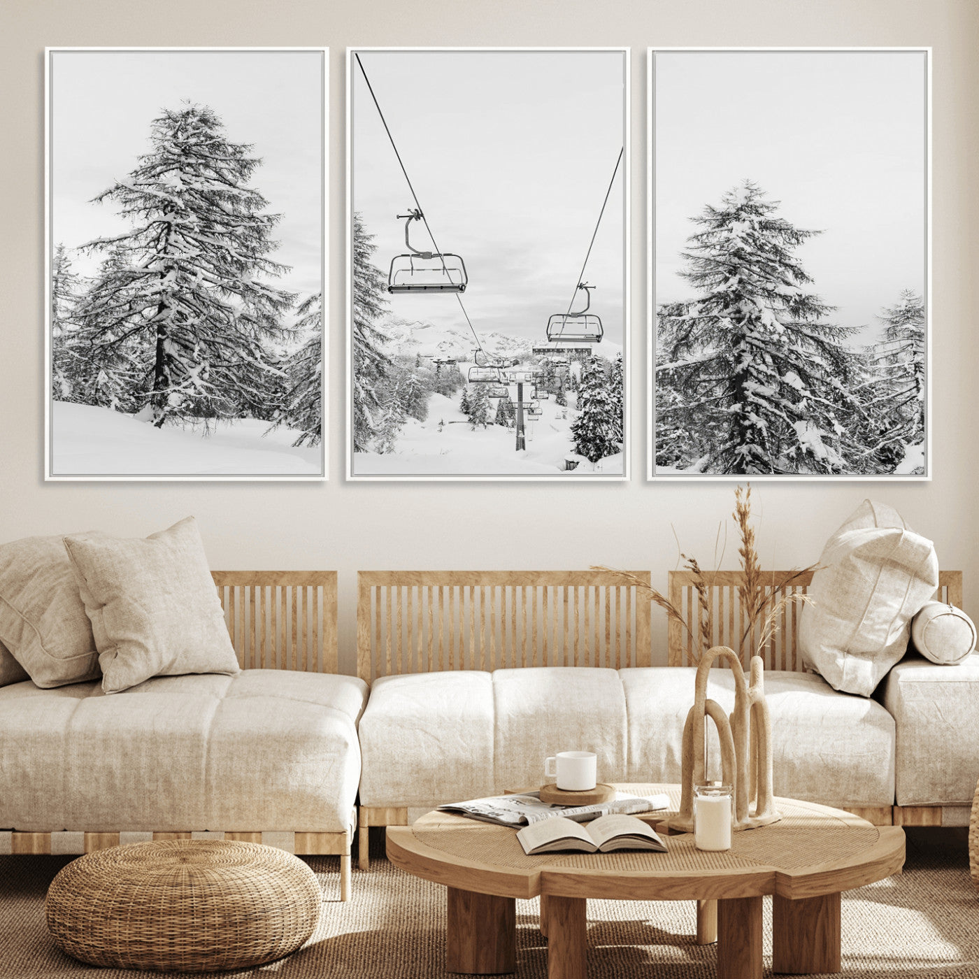 MGV-FC-60X30-3P - Wall Art Canvas Print Winter Chairlift Views Silent Snow-Covered Pines Mountain Calm Serenity Frozen