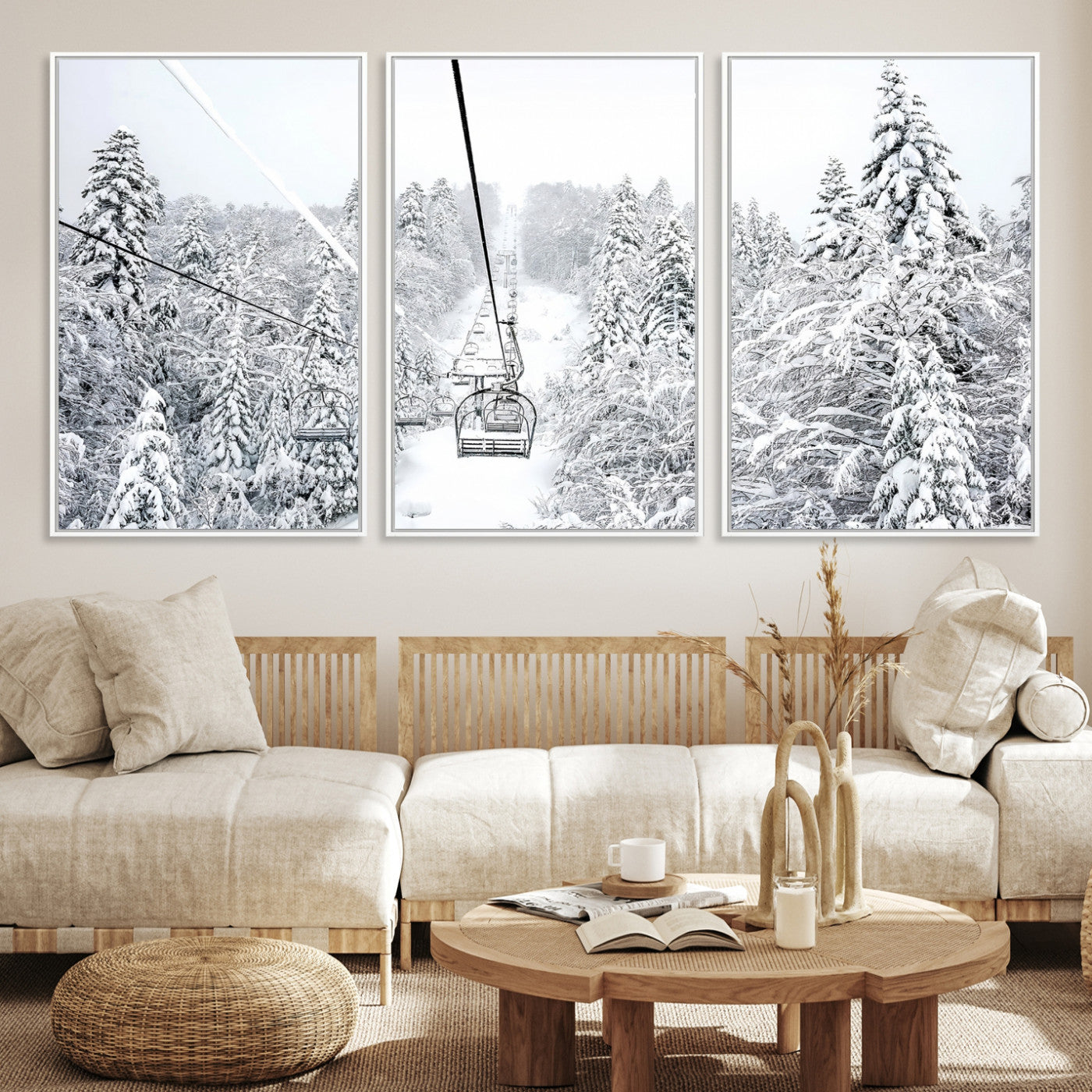 Snowy mountain landscape with a ski lift and snow-covered trees, ideal for winter-themed home decor. Perfect for modern, minimalist interiors.