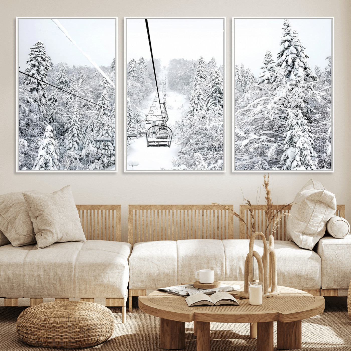 MGV-FC-60X30-3P - Snowy Mountains Wall Art Canvas Print, Framed Ski Lift Art Picture Print, Winter Forest Perfect