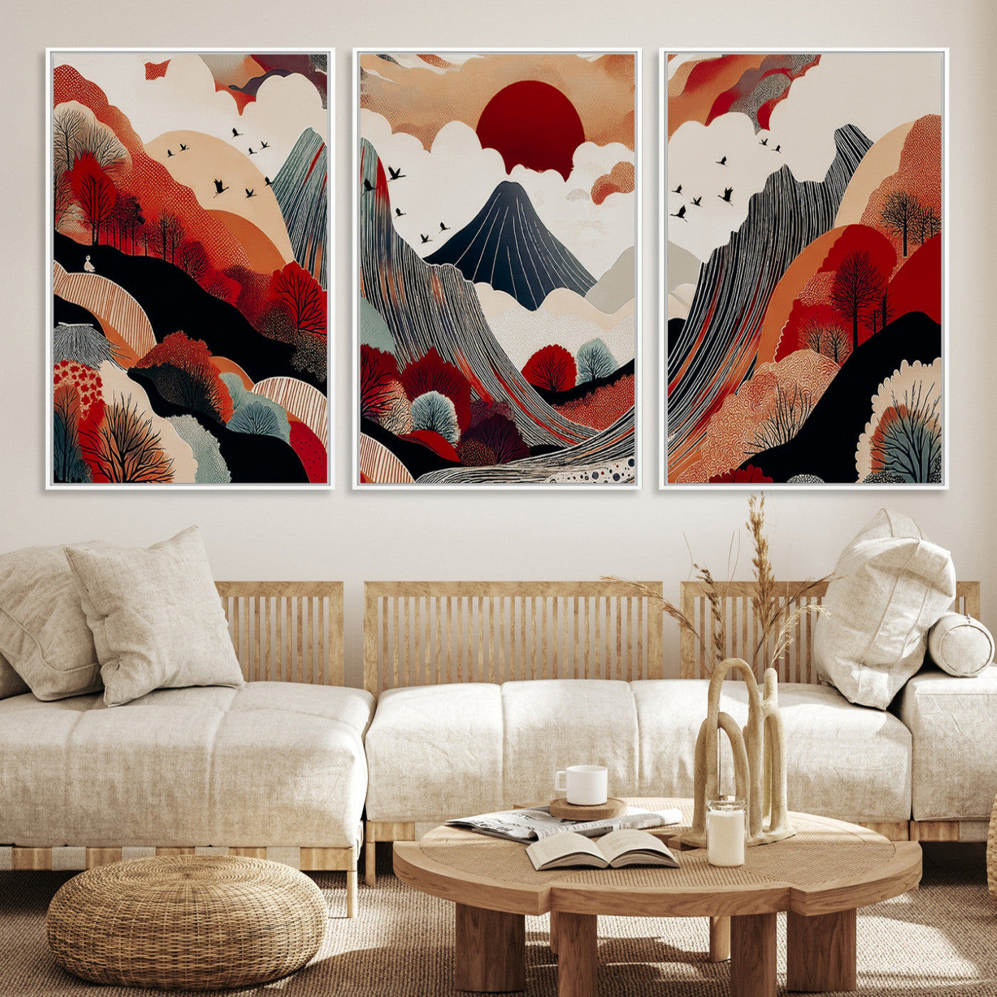 Abstract nature illustration with a red sun, mountains, and vibrant landscapes in graphic style, perfect for contemporary minimalist home decor. Ideal for modern spaces.